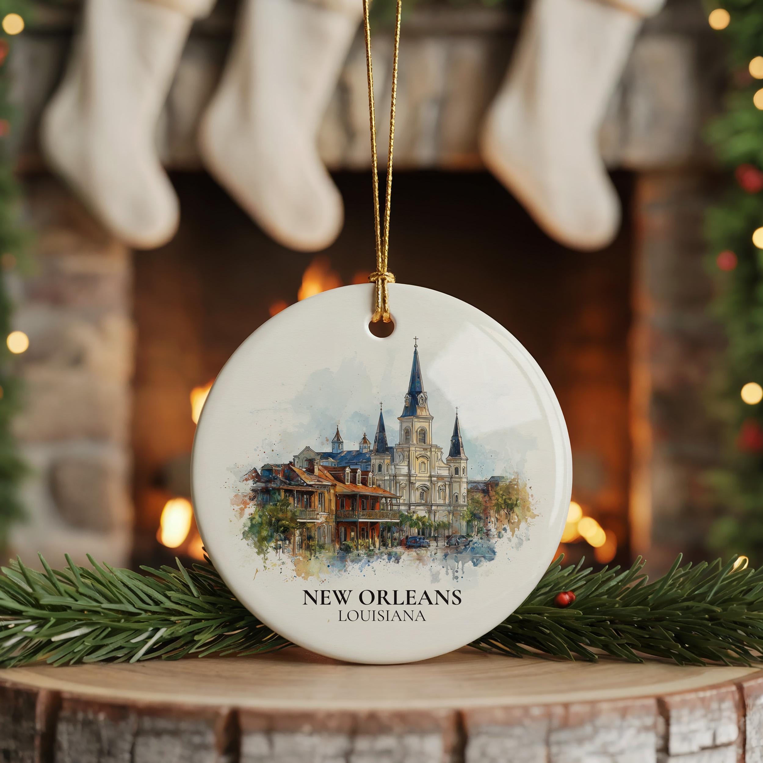 New Orleans Louisiana Personalized Watercolor Ornament, Custom Ceramic Christmas gift, Travel Keepsake