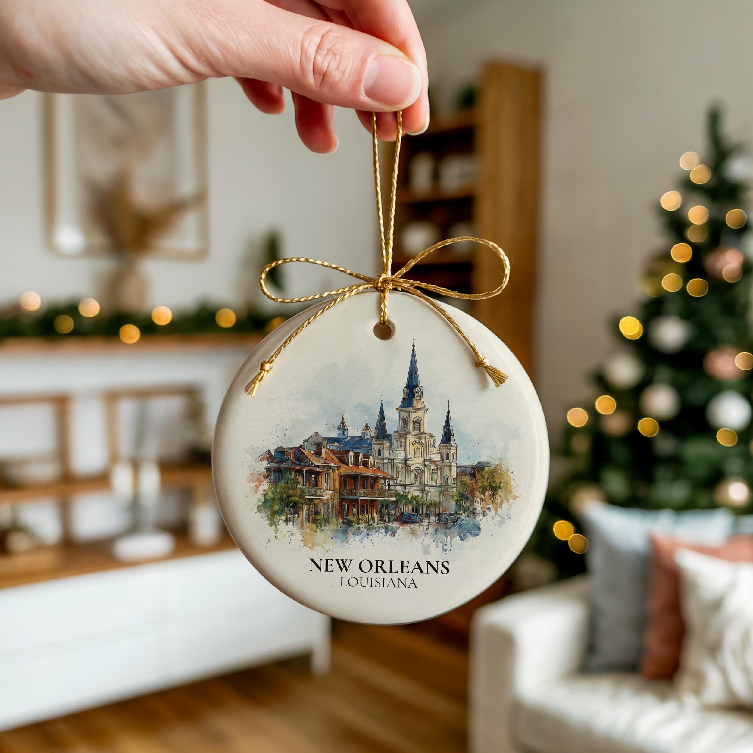 New Orleans Louisiana Personalized Watercolor Ornament, Custom Ceramic Christmas gift, Travel Keepsake