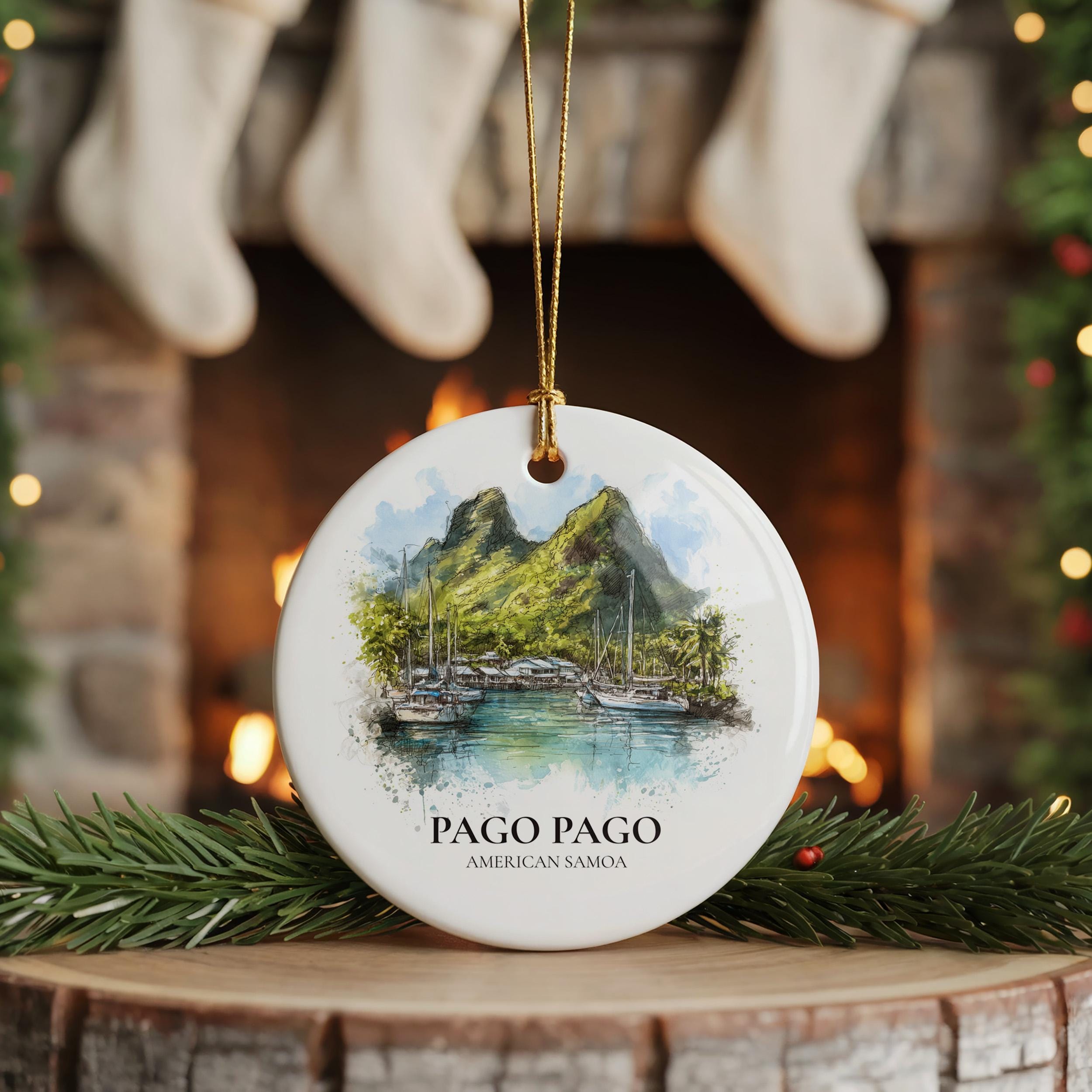 Pago Pago American Samoa Personalized Watercolor Ornament, Custom Ceramic Christmas gift, Travel Keepsake