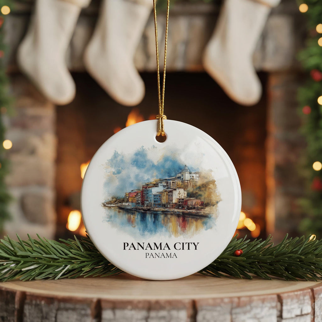 Panama City Panama Personalized Watercolor Ornament, Custom Ceramic Christmas gift, Travel Keepsake