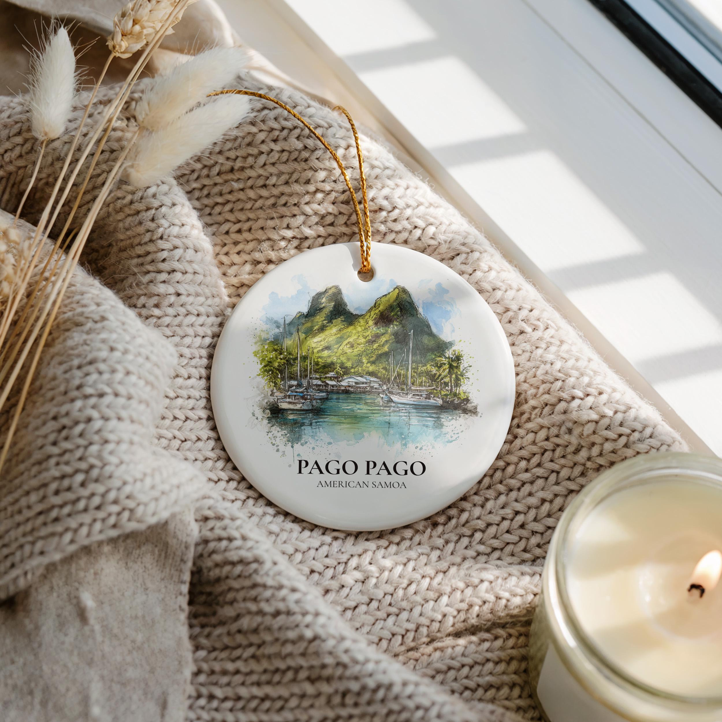 Pago Pago American Samoa Personalized Watercolor Ornament, Custom Ceramic Christmas gift, Travel Keepsake