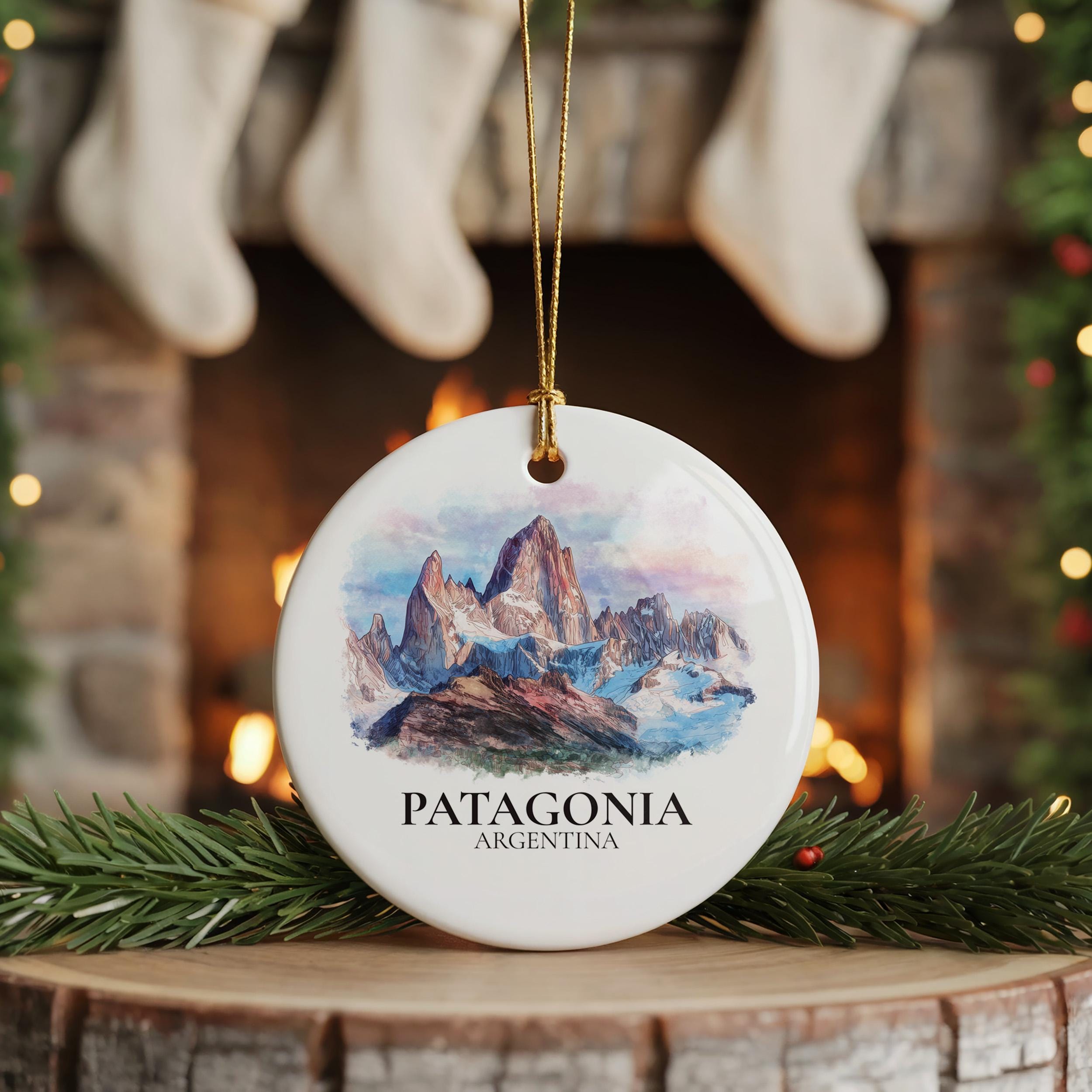 Patagonia Argentina Personalized Watercolor Ornament, Custom Ceramic Christmas gift, Travel Keepsake