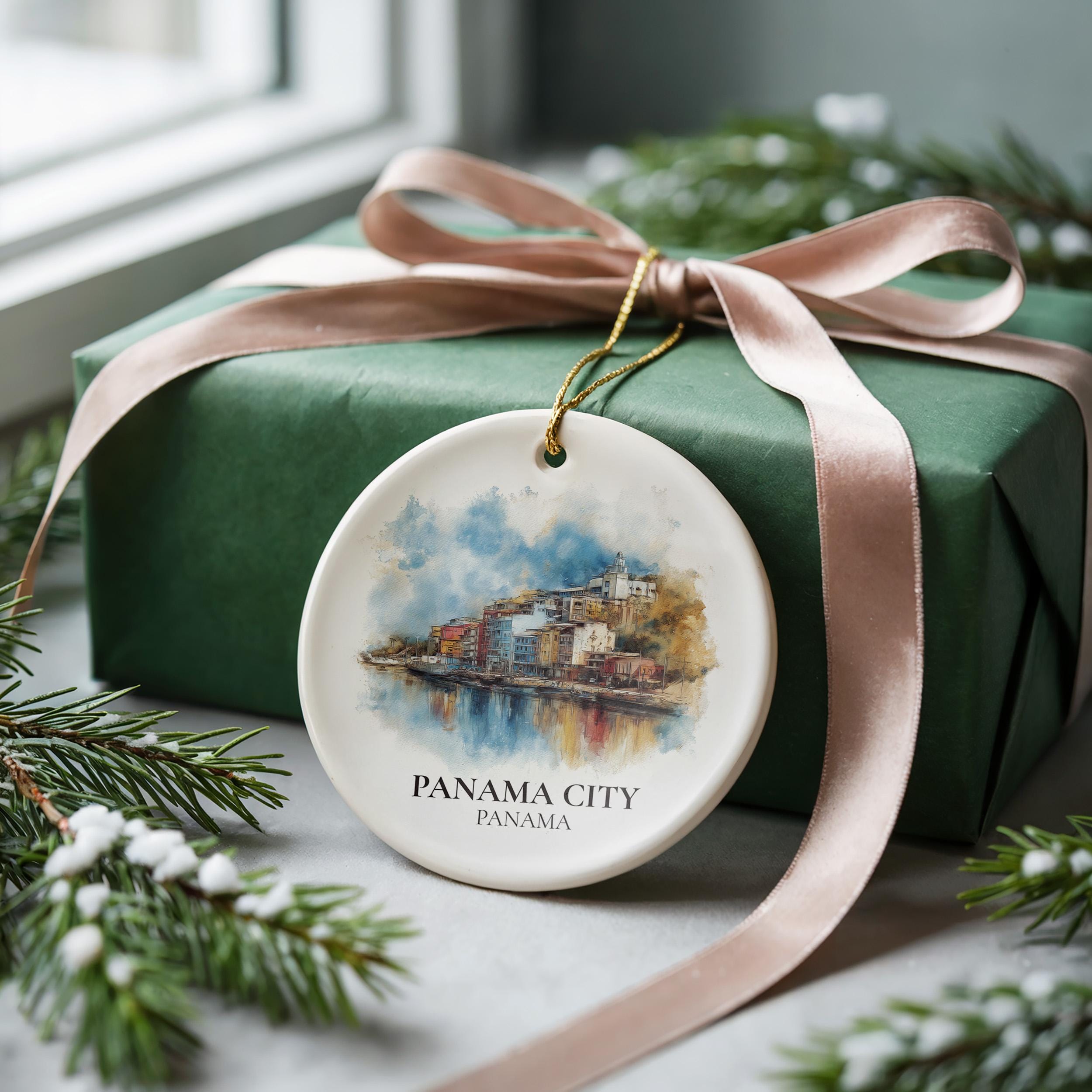 Panama City Panama Personalized Watercolor Ornament, Custom Ceramic Christmas gift, Travel Keepsake