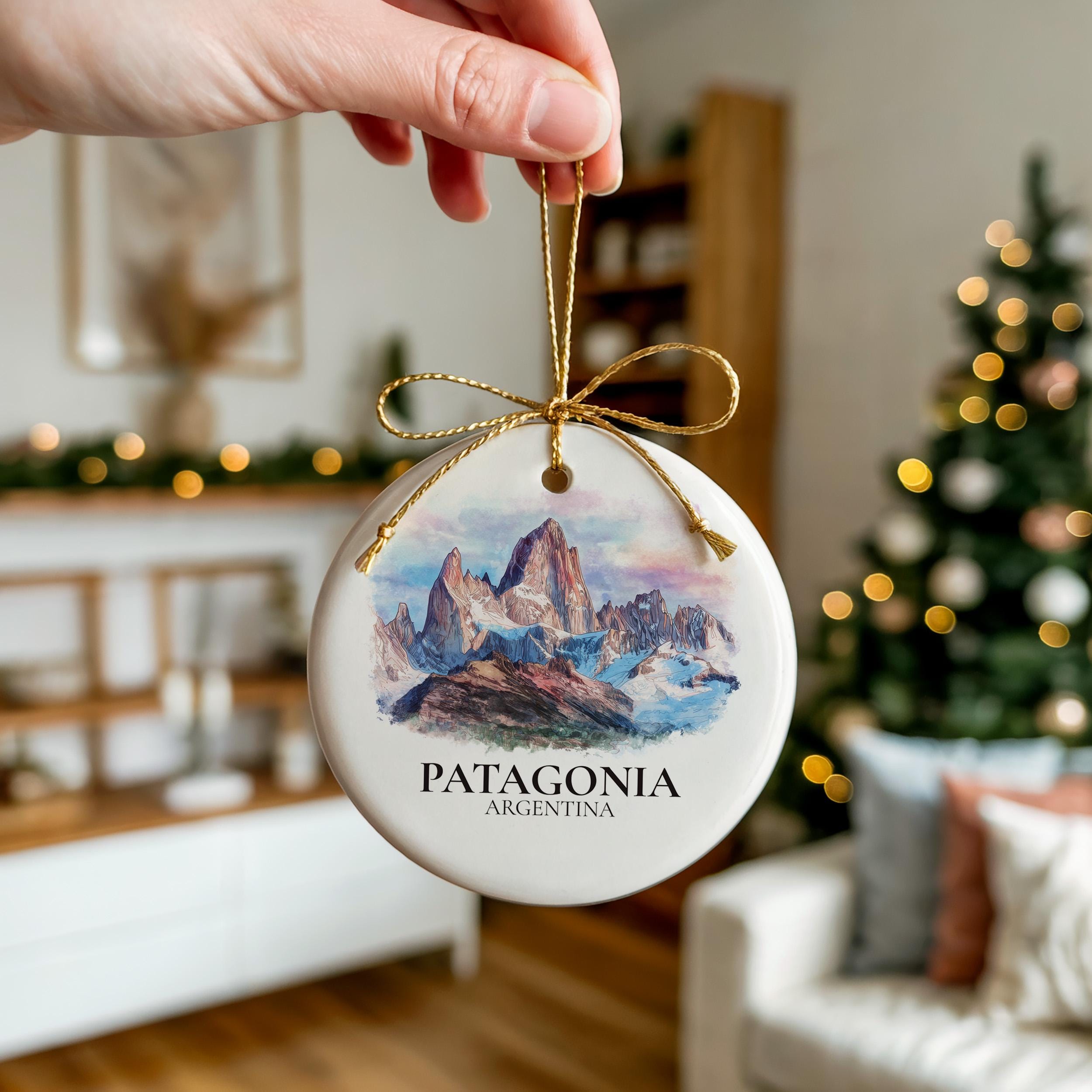 Patagonia Argentina Personalized Watercolor Ornament, Custom Ceramic Christmas gift, Travel Keepsake