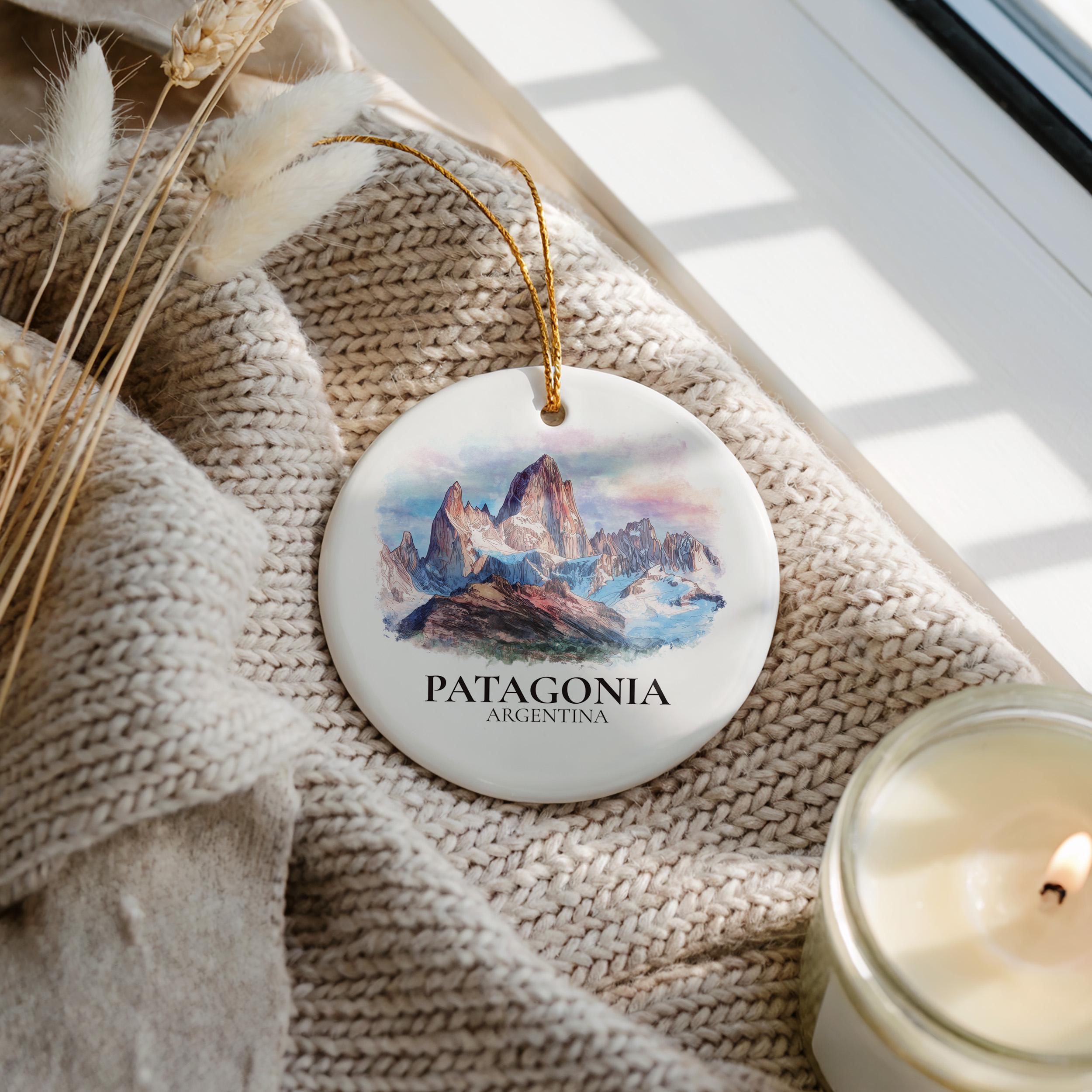 Patagonia Argentina Personalized Watercolor Ornament, Custom Ceramic Christmas gift, Travel Keepsake