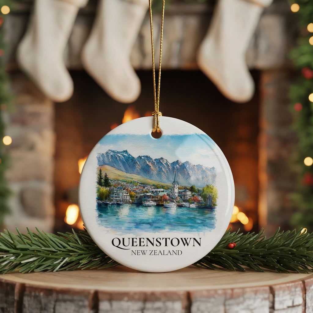 Queenstown New Zealand Personalized Watercolor Ornament, Custom Ceramic Christmas gift, Travel Keepsake
