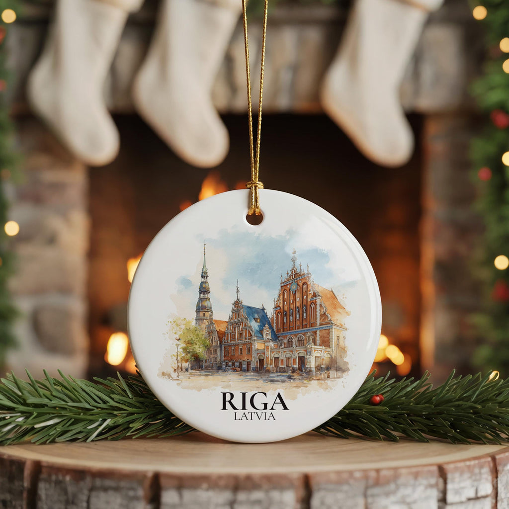Riga Latvia Personalized Watercolor Ornament, Custom Ceramic Christmas gift, Travel Keepsake