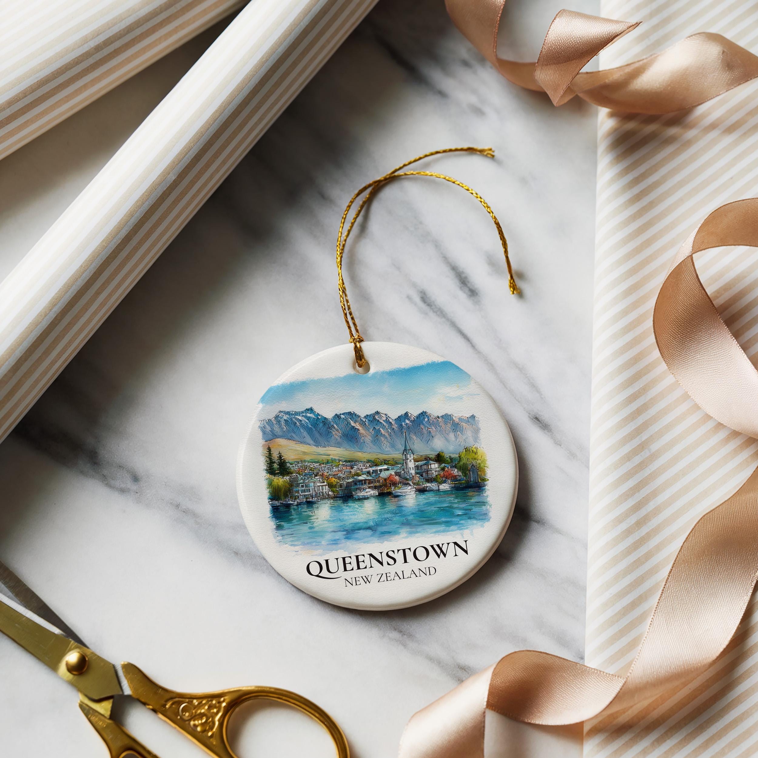 Queenstown New Zealand Personalized Watercolor Ornament, Custom Ceramic Christmas gift, Travel Keepsake