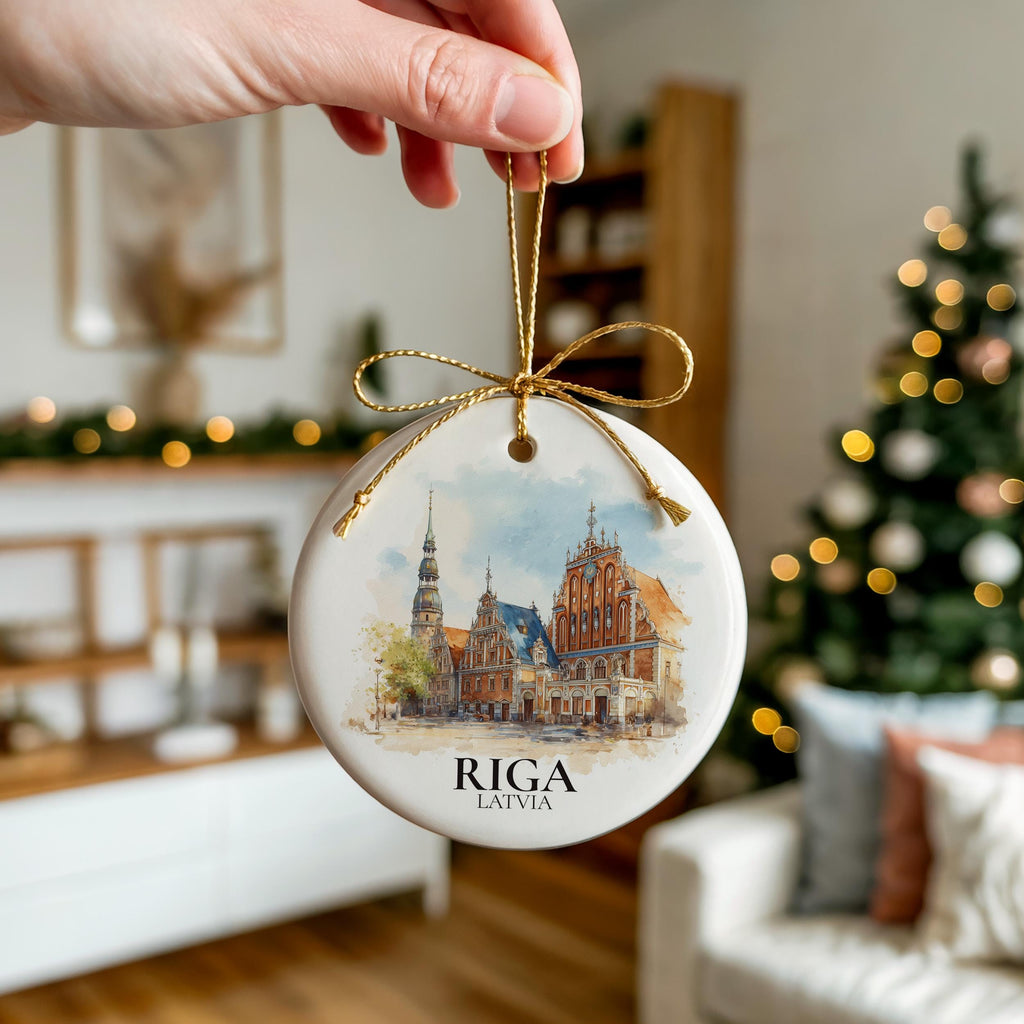 Riga Latvia Personalized Watercolor Ornament, Custom Ceramic Christmas gift, Travel Keepsake