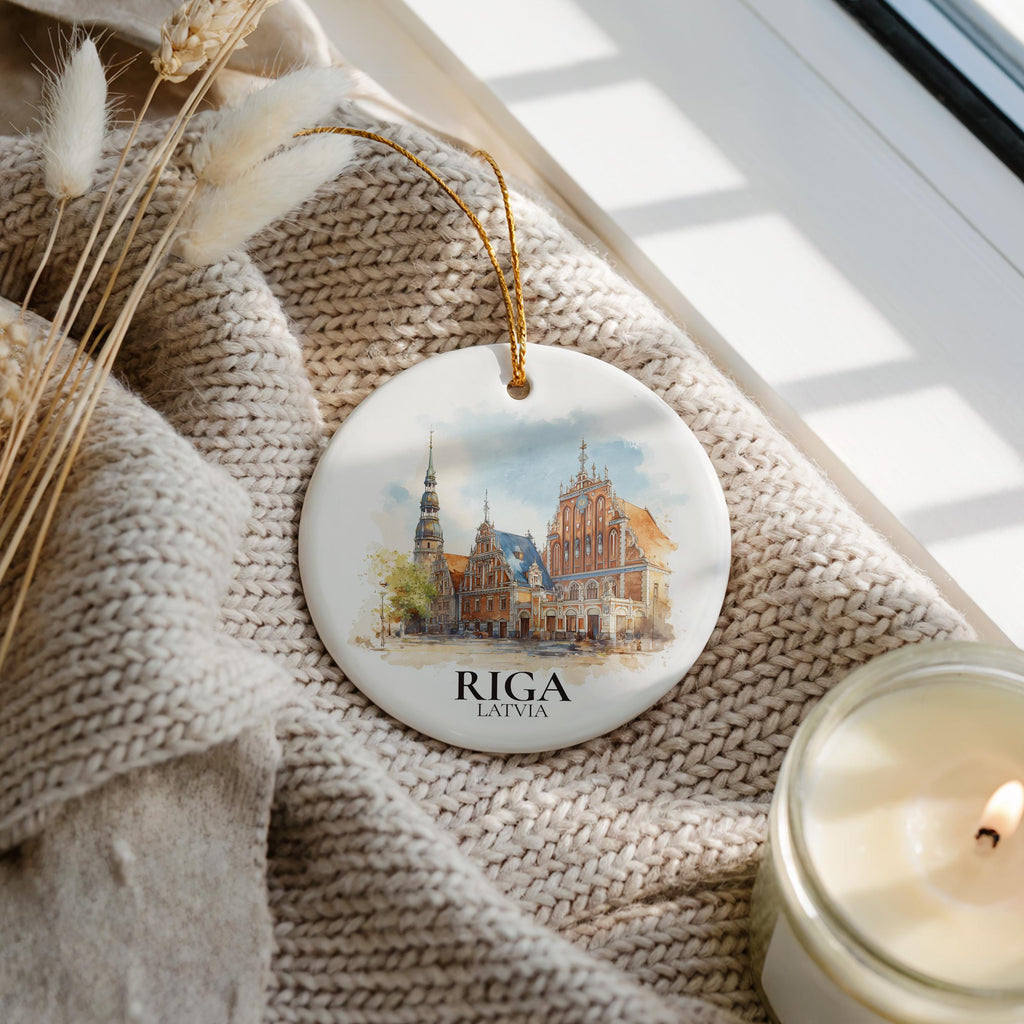Riga Latvia Personalized Watercolor Ornament, Custom Ceramic Christmas gift, Travel Keepsake