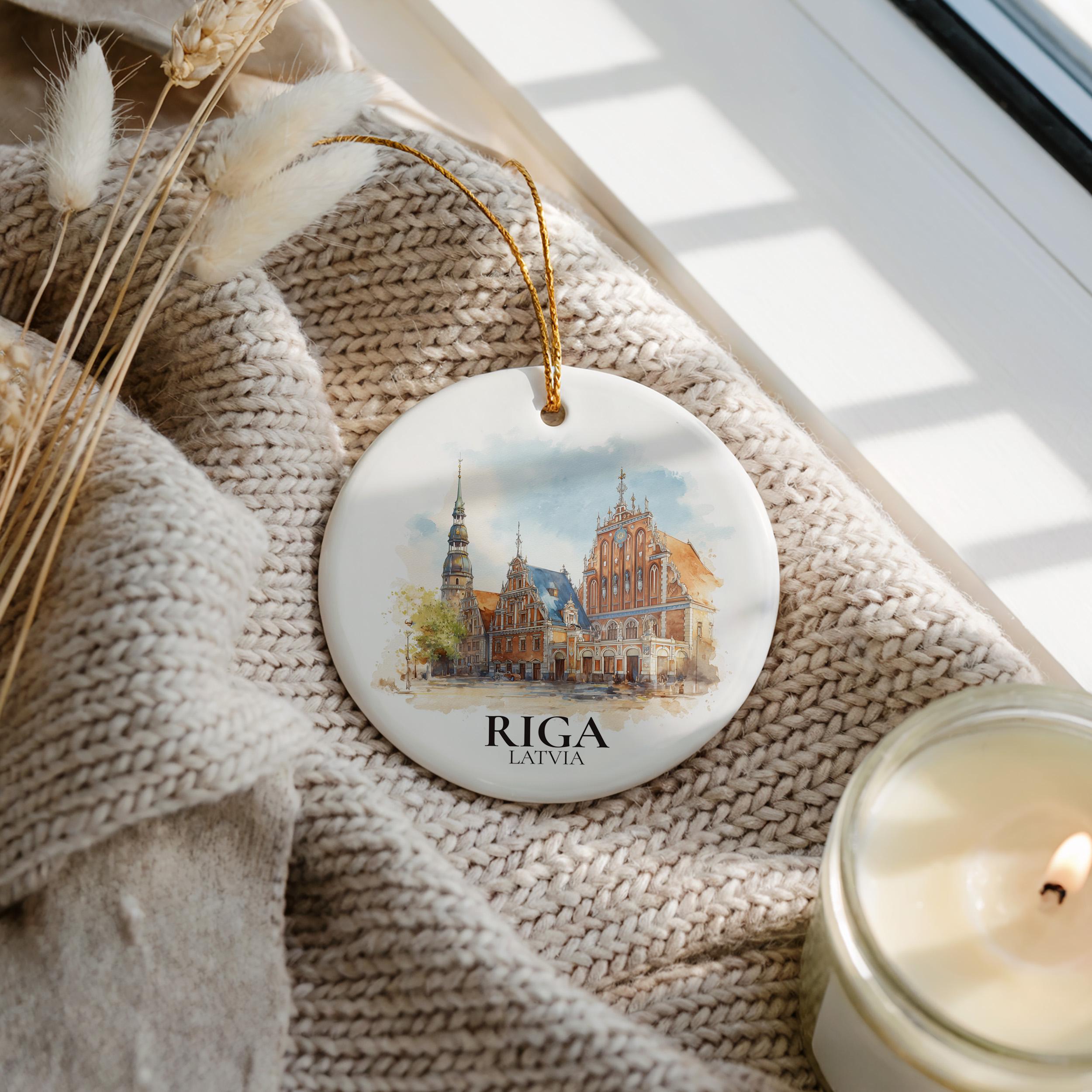 Riga Latvia Personalized Watercolor Ornament, Custom Ceramic Christmas gift, Travel Keepsake