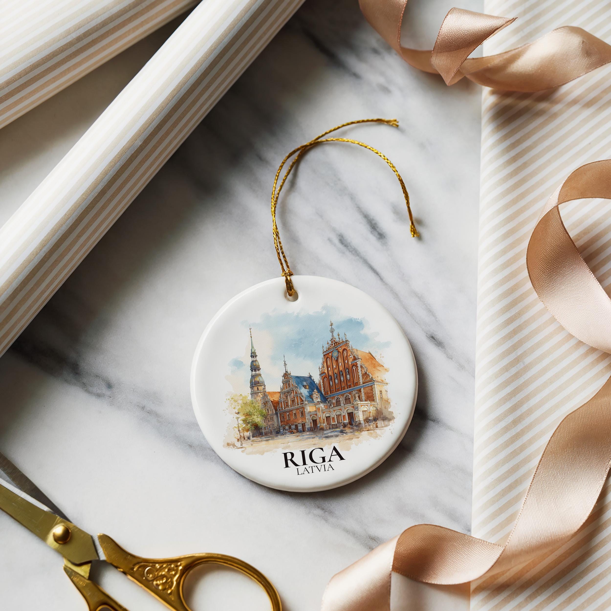 Riga Latvia Personalized Watercolor Ornament, Custom Ceramic Christmas gift, Travel Keepsake