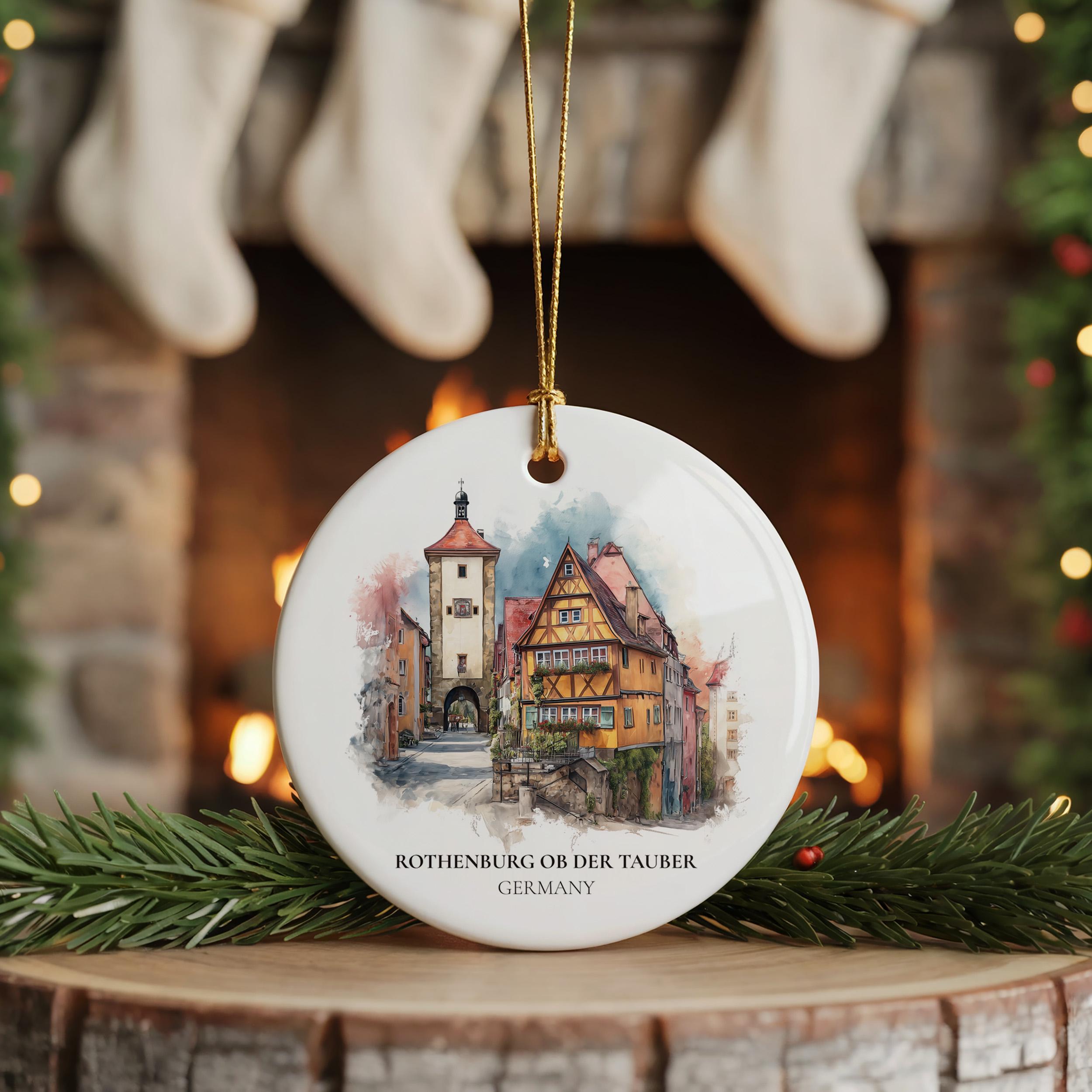 Rothenburg ob der Tauber Germany Personalized Watercolor Ornament, Custom Ceramic Christmas gift, Travel Keepsake