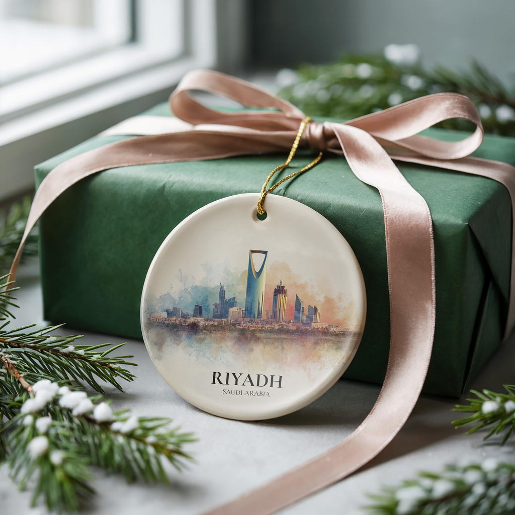 Riyadh Saudi Arabia Personalized Watercolor Ornament, Custom Ceramic Christmas gift, Travel Keepsake