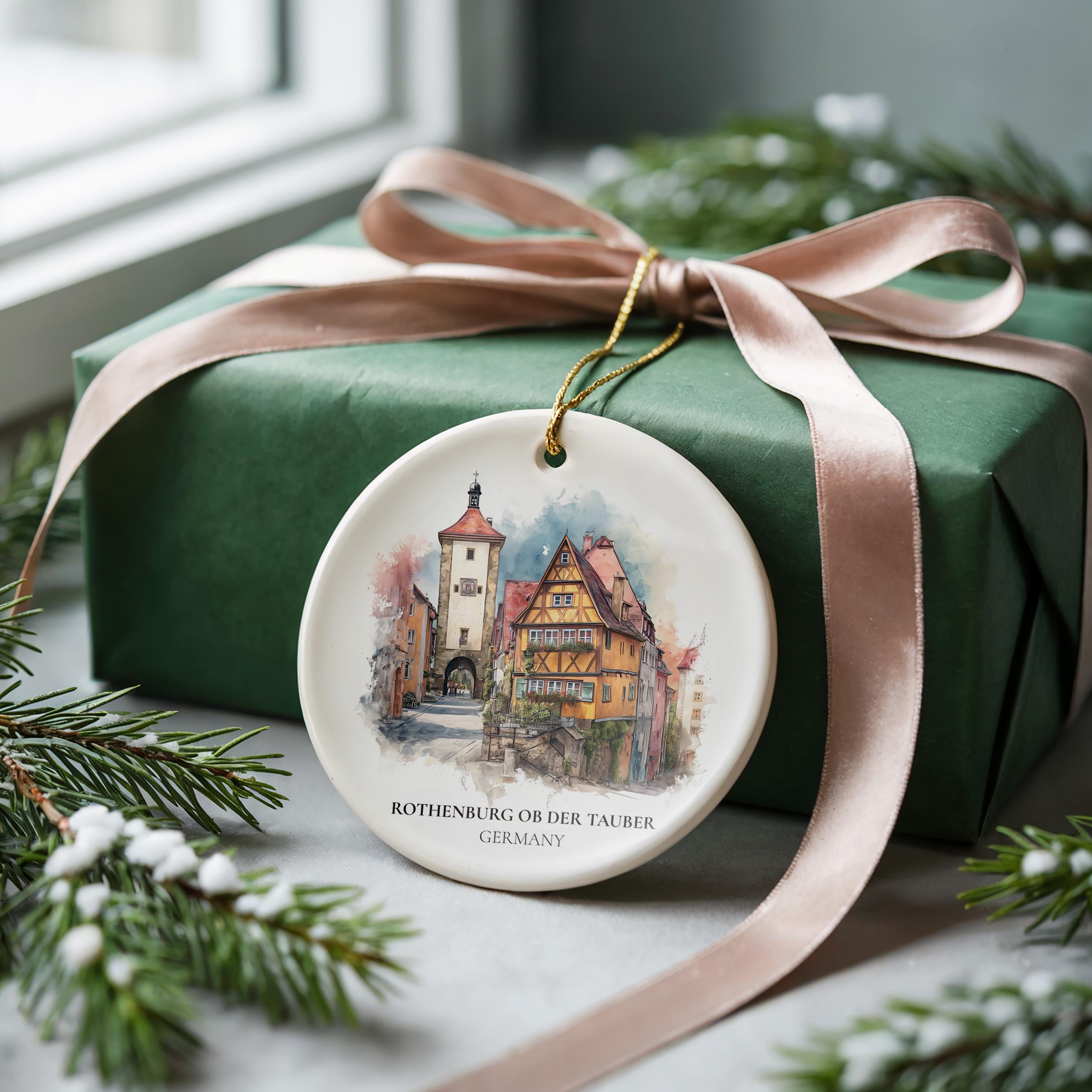 Rothenburg ob der Tauber Germany Personalized Watercolor Ornament, Custom Ceramic Christmas gift, Travel Keepsake