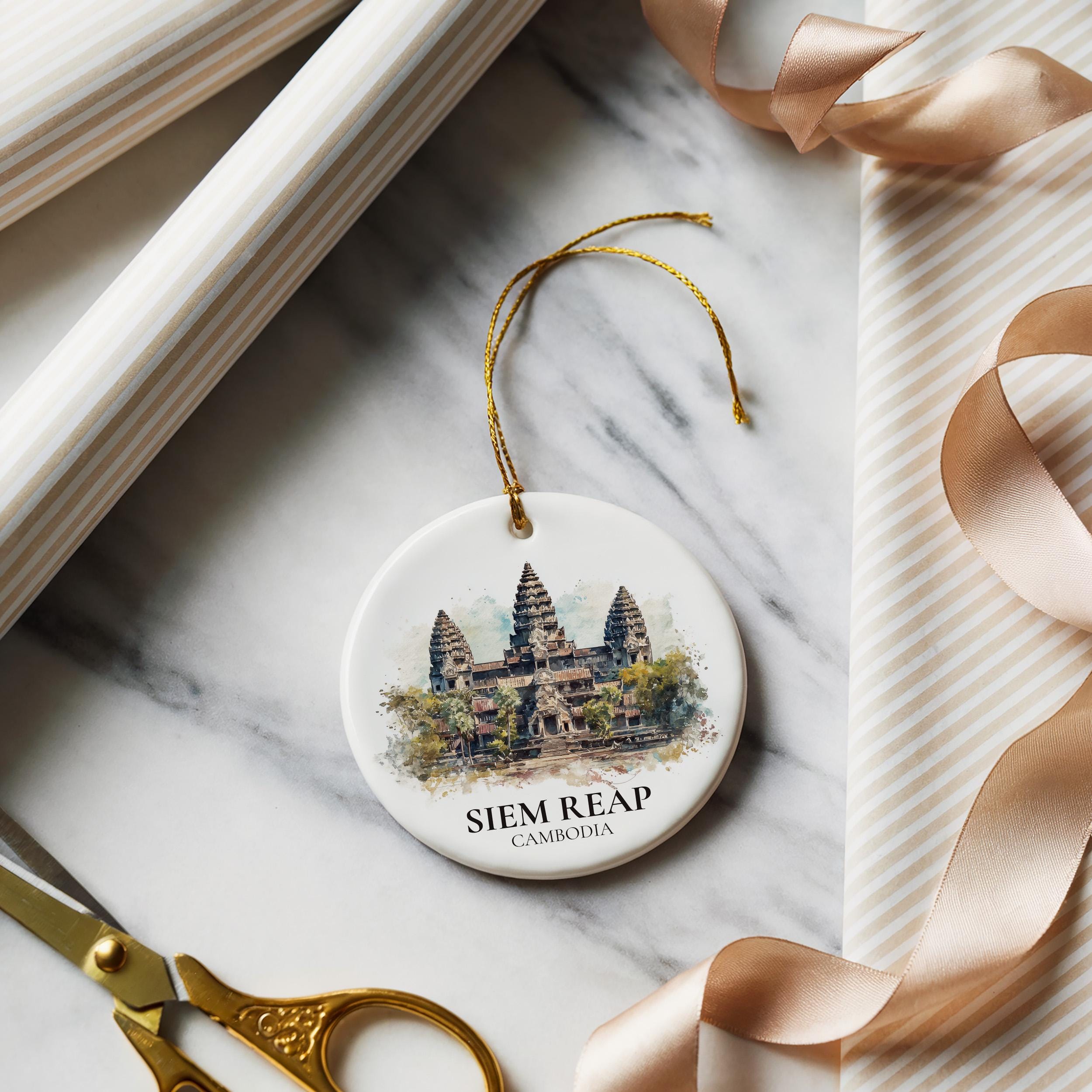 Siem Reap Cambodia Personalized Watercolor Ornament, Custom Ceramic Christmas gift, Travel Keepsake