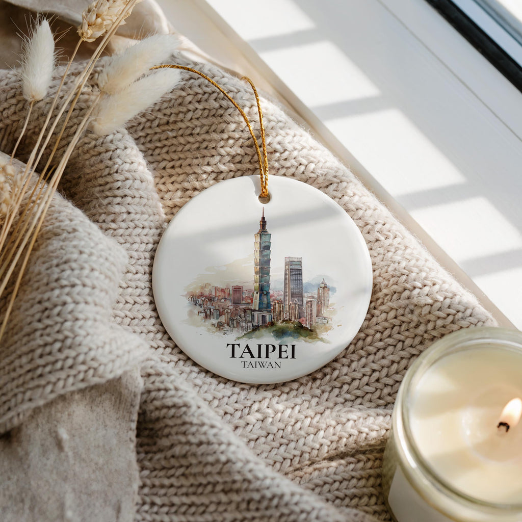 Taipei Taiwan Personalized Watercolor Ornament, Custom Ceramic Christmas gift, Travel Keepsake