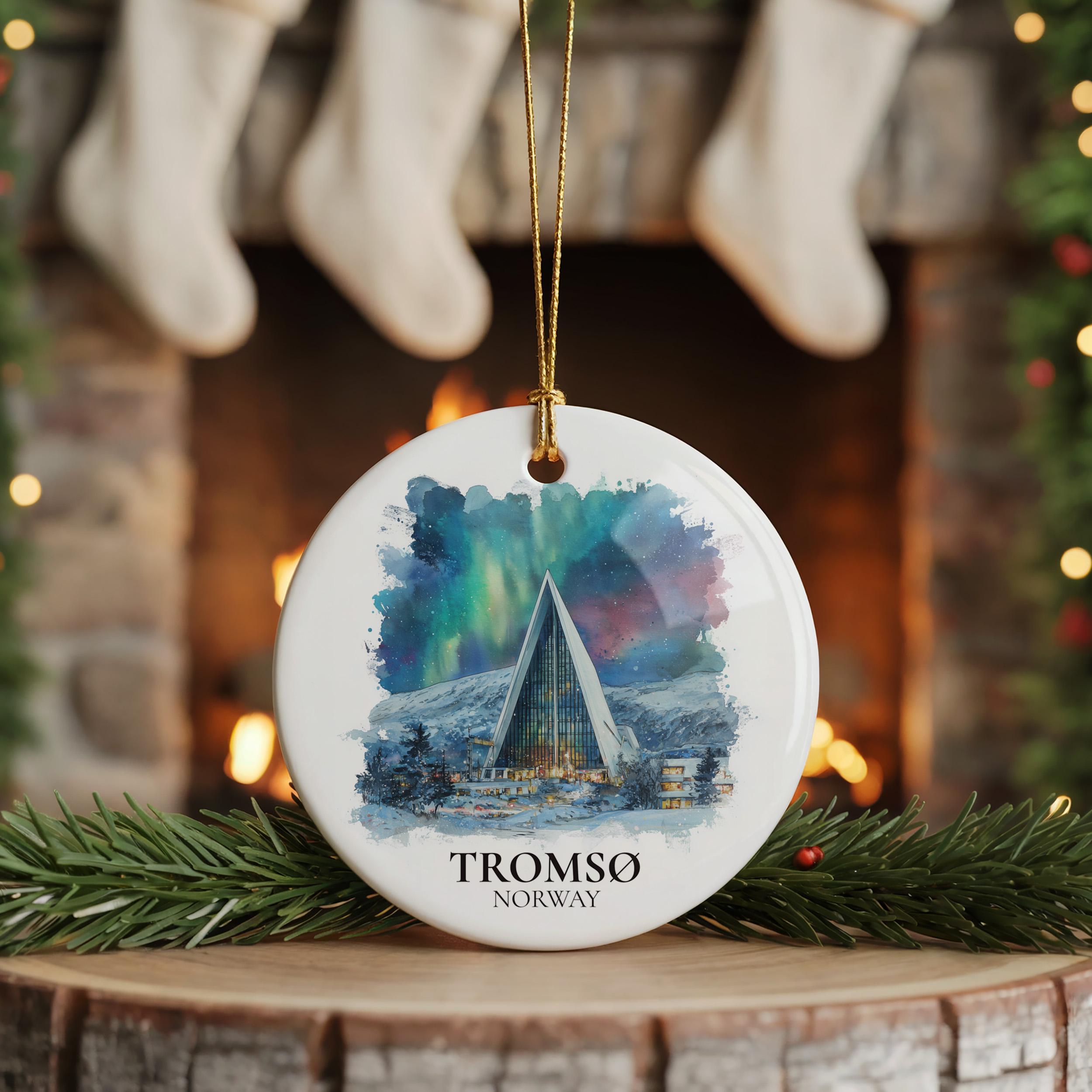 Tromso Norway Personalized Watercolor Ornament, Custom Ceramic Christmas gift, Travel Keepsake