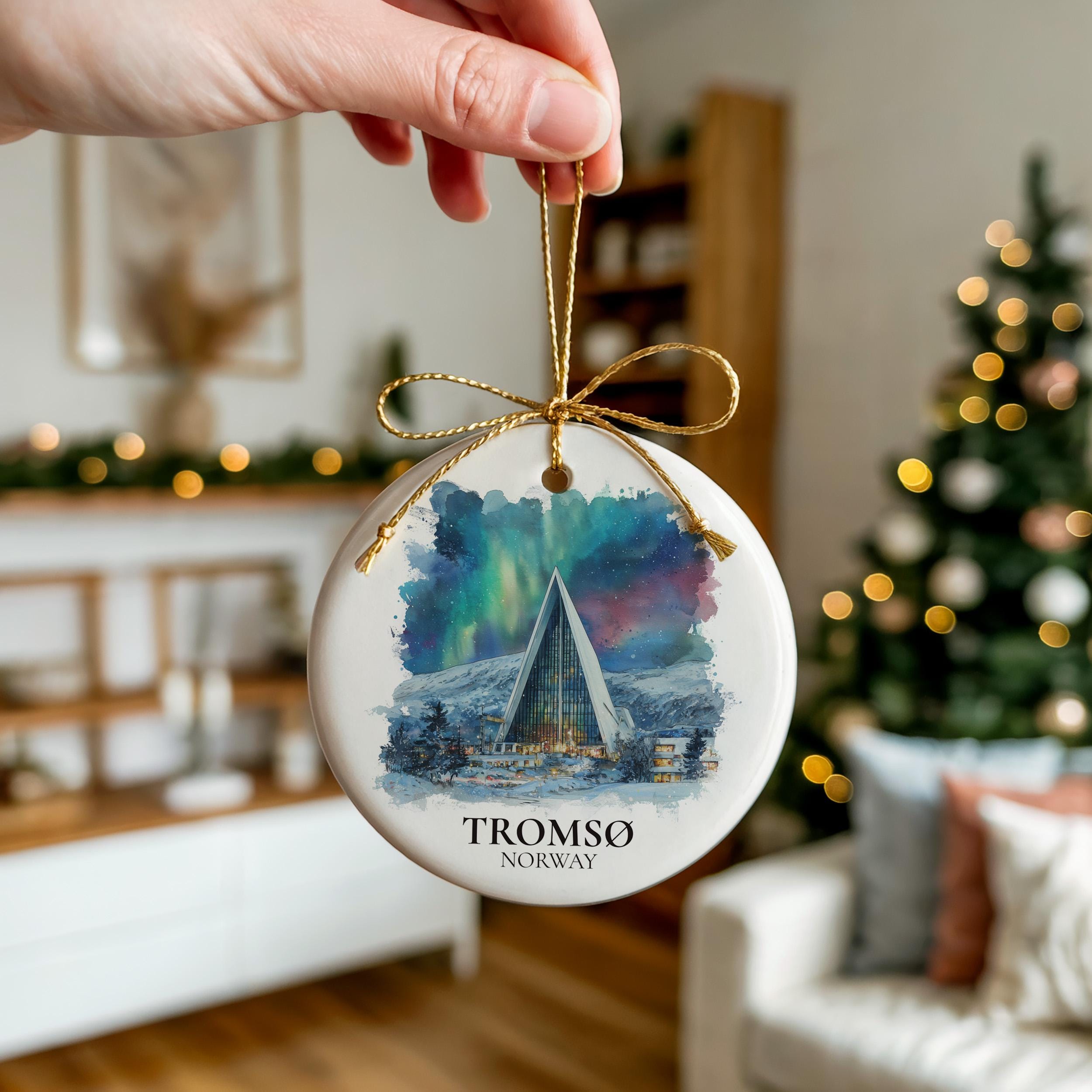 Tromso Norway Personalized Watercolor Ornament, Custom Ceramic Christmas gift, Travel Keepsake