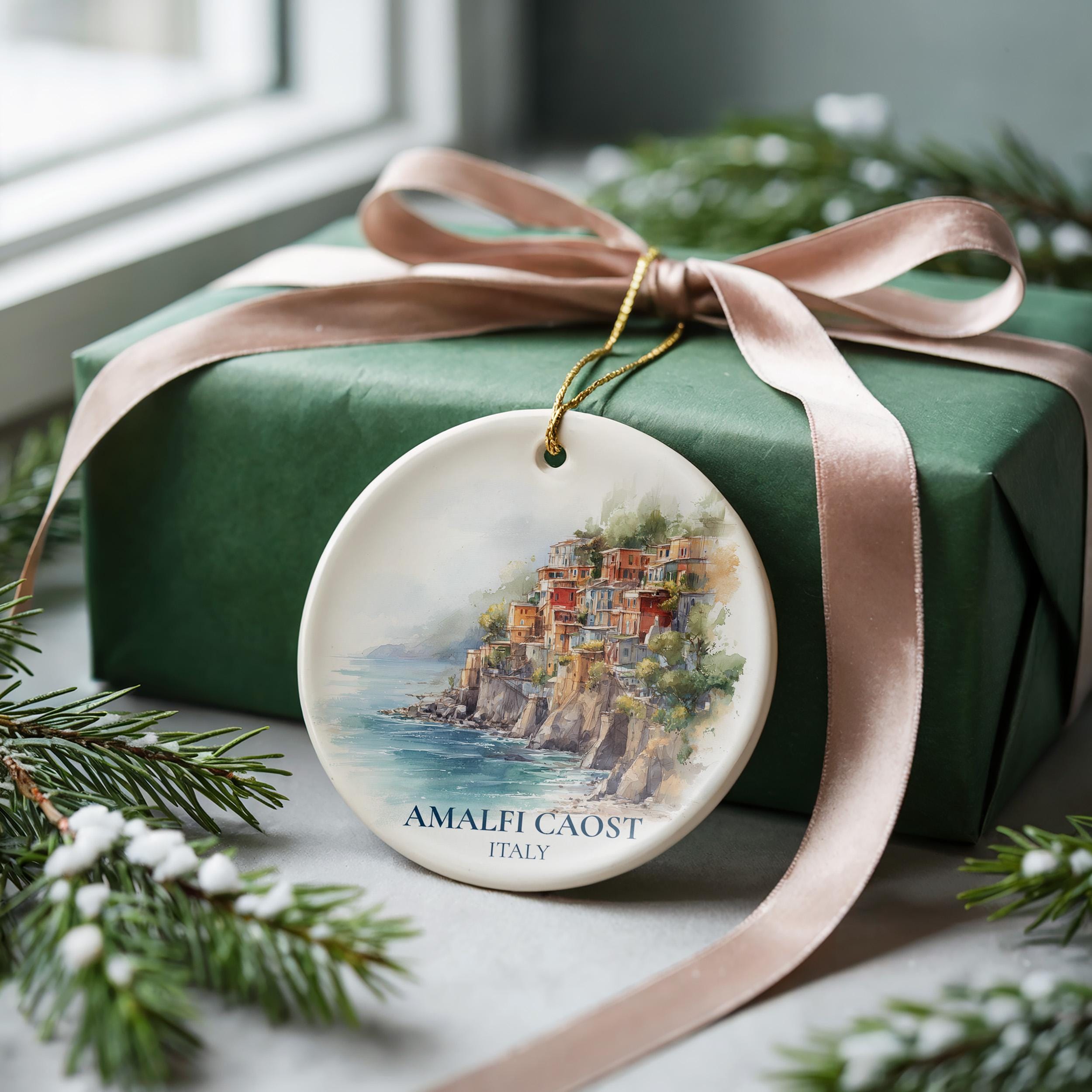 Amalfi Coast Ornament, Italy Personalized Watercolor, Custom Ceramic Christmas gift, Travel Keepsake