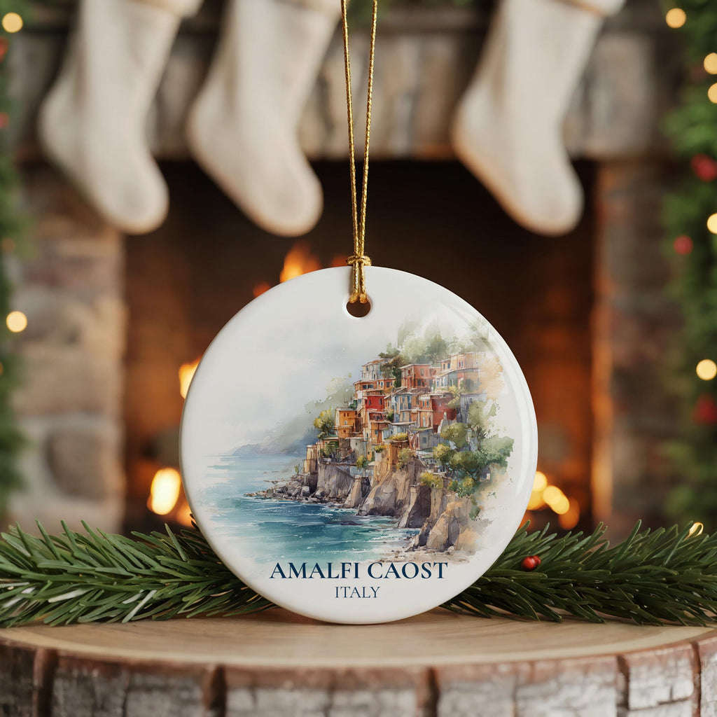Amalfi Coast Ornament, Italy Personalized Watercolor, Custom Ceramic Christmas gift, Travel Keepsake