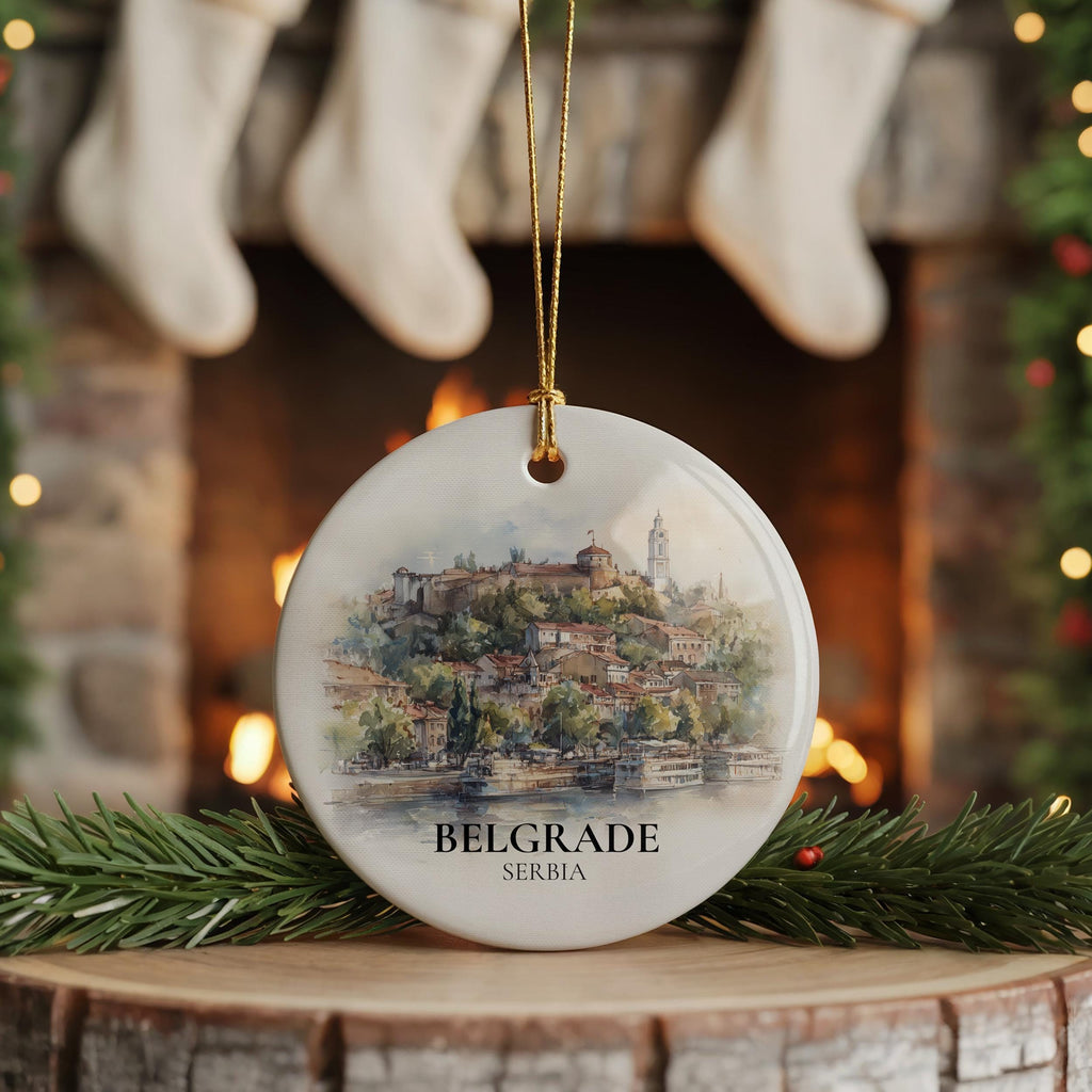 Belgrade Serbia Personalized Watercolor Ornament, Custom Ceramic Christmas gift, Travel Keepsake