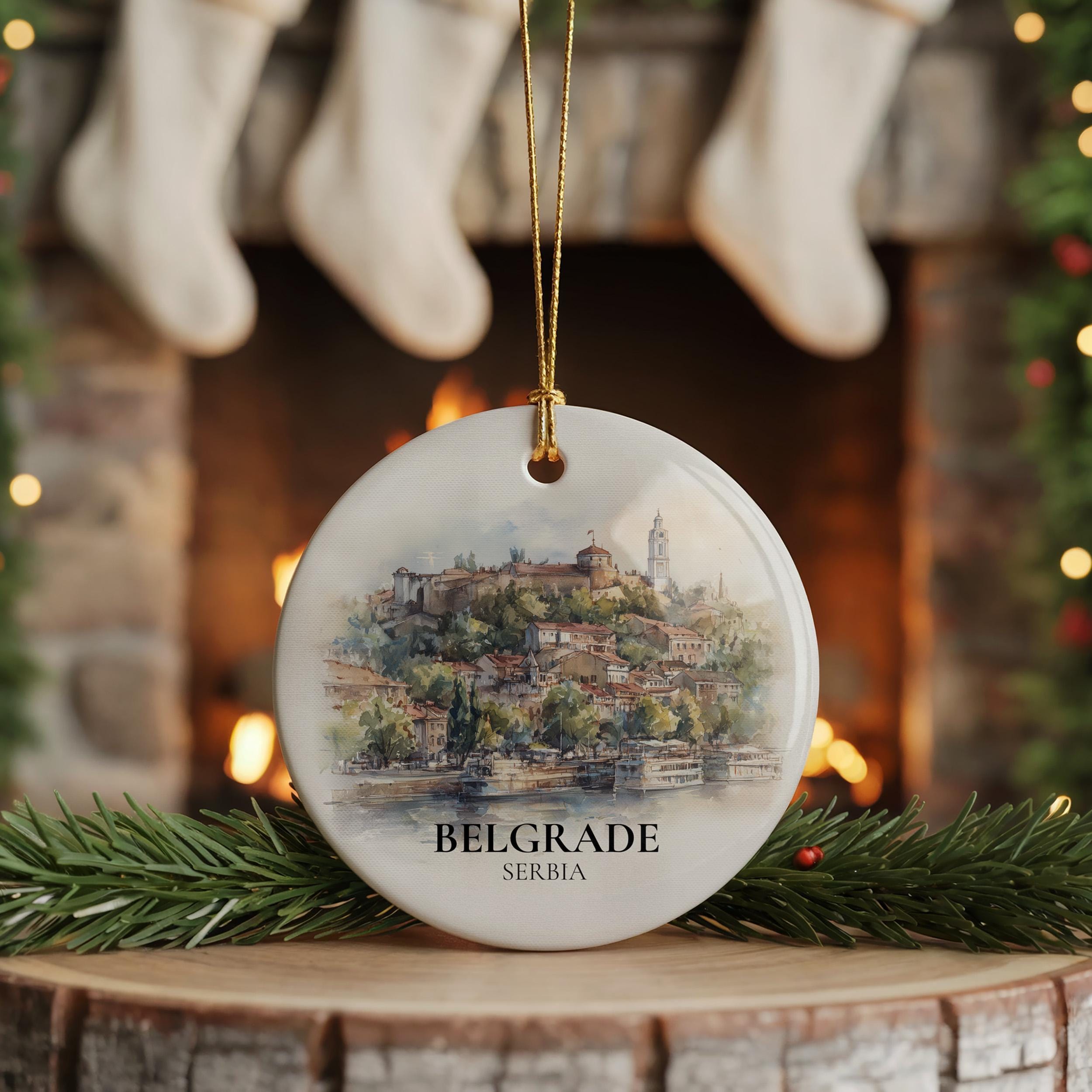 Belgrade Serbia Personalized Watercolor Ornament, Custom Ceramic Christmas gift, Travel Keepsake