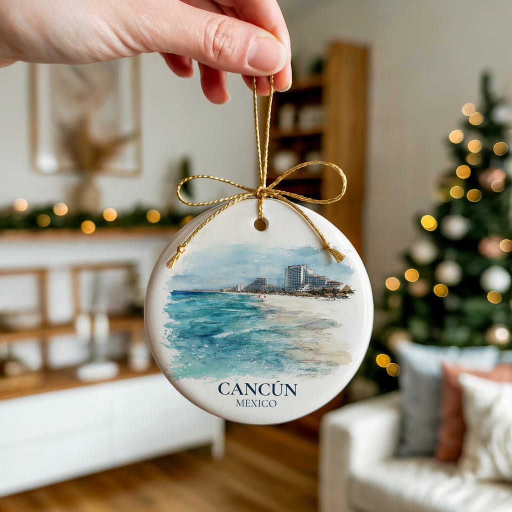 Cancun Mexico Personalized Watercolor Ornament, Custom Ceramic Christmas gift, Travel Keepsake