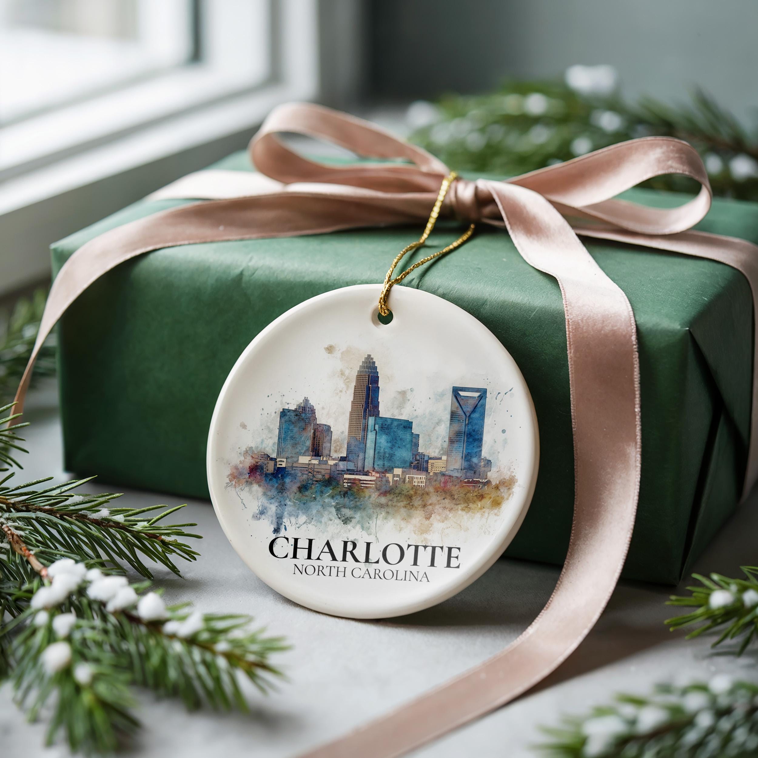 Charlotte North Carolina Personalized Watercolor Ornament, Custom Ceramic Christmas gift, Travel Keepsake