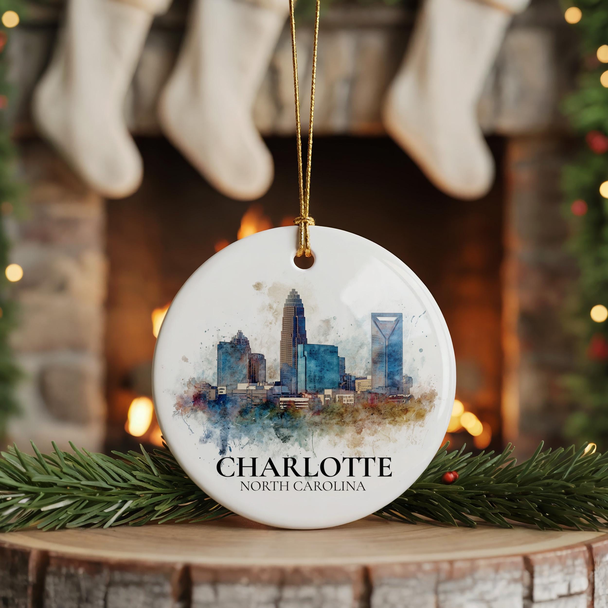 Charlotte North Carolina Personalized Watercolor Ornament, Custom Ceramic Christmas gift, Travel Keepsake