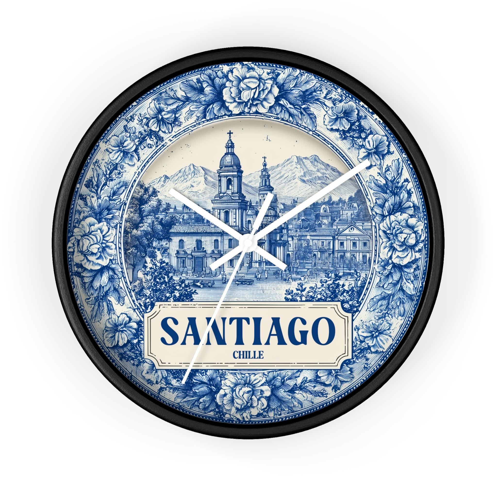 Santiago Chile Wall Clock, Delf style Home Decor, Vintage City Travel Keepsake Art