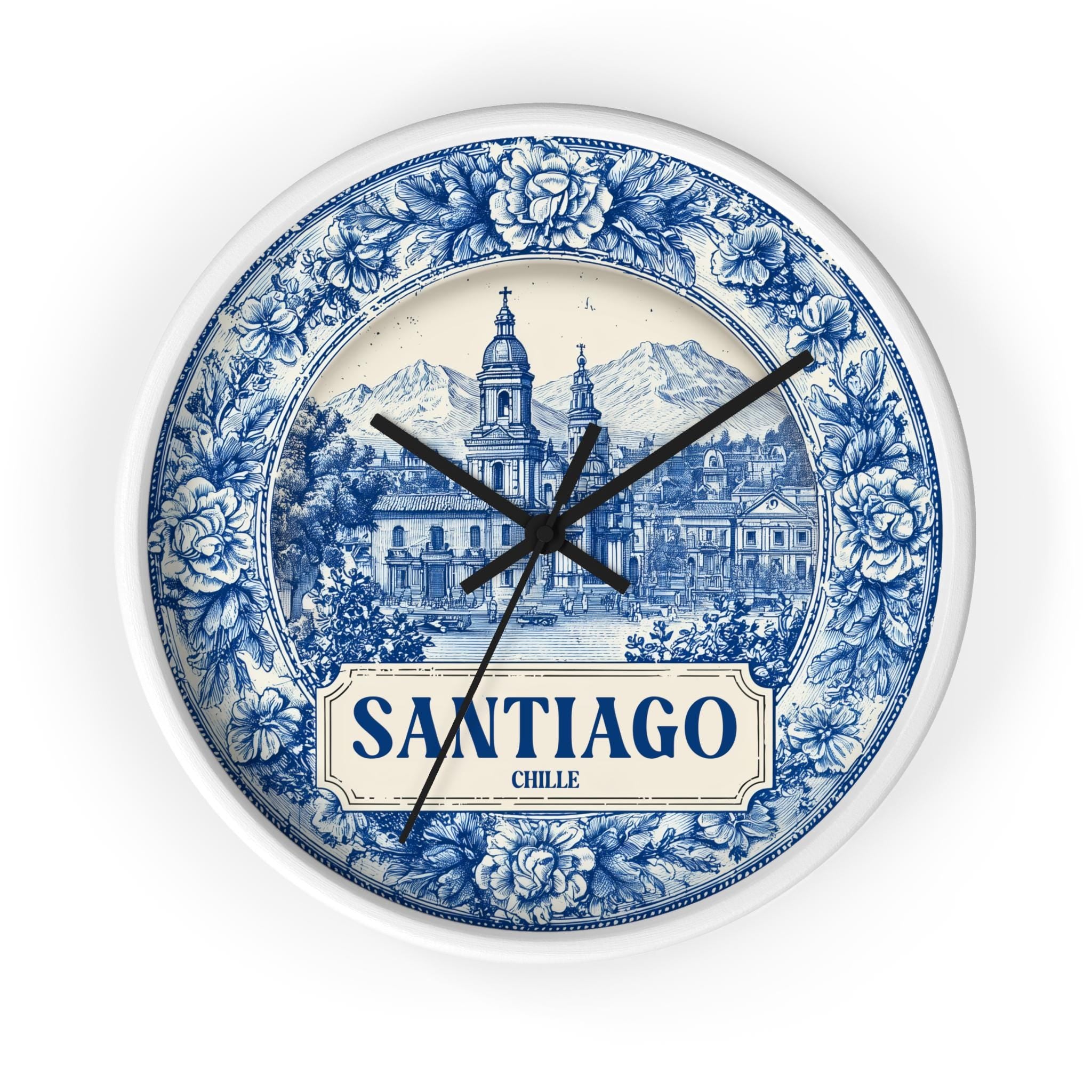 Santiago Chile Wall Clock, Delf style Home Decor, Vintage City Travel Keepsake Art