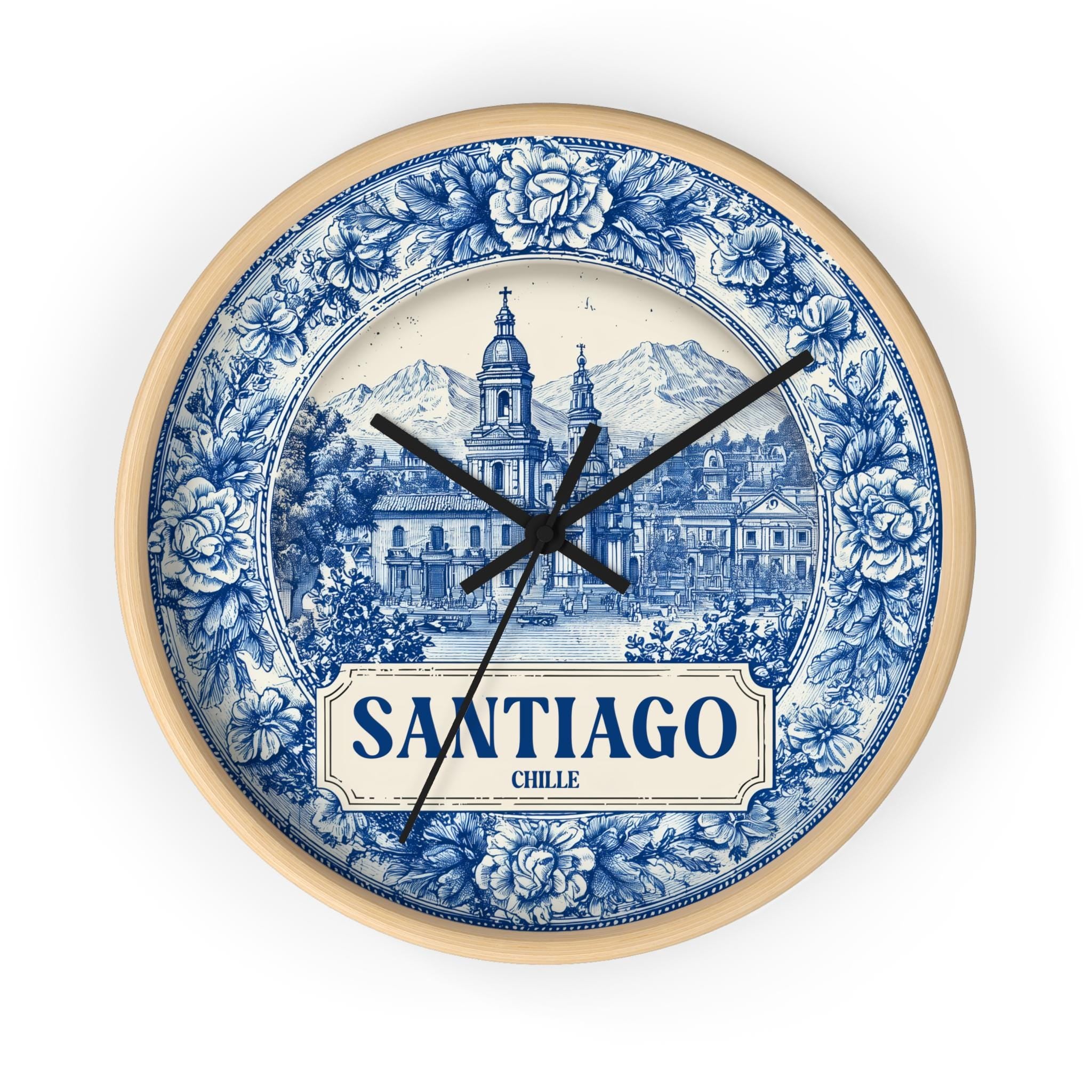 Santiago Chile Wall Clock, Delf style Home Decor, Vintage City Travel Keepsake Art