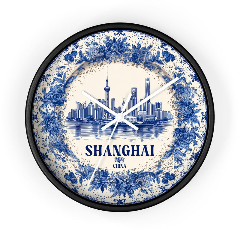 Shanghai China Wall Clock, Delft style Home Decor, Vintage City Travel Keepsake Art
