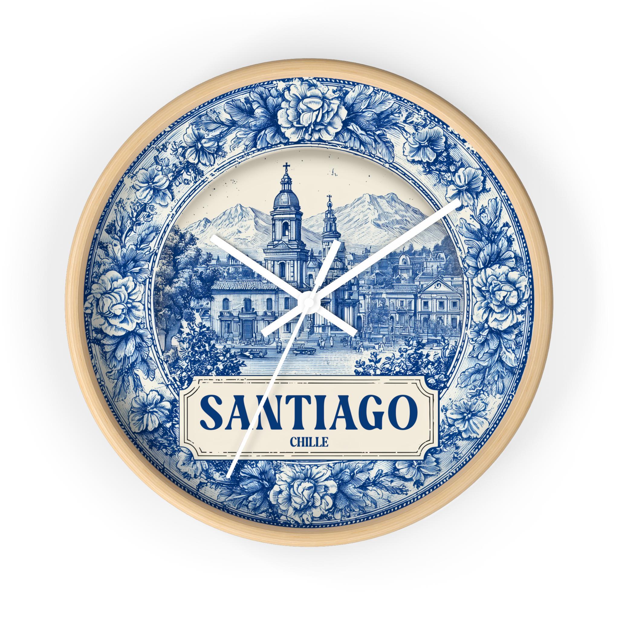 Santiago Chile Wall Clock, Delf style Home Decor, Vintage City Travel Keepsake Art