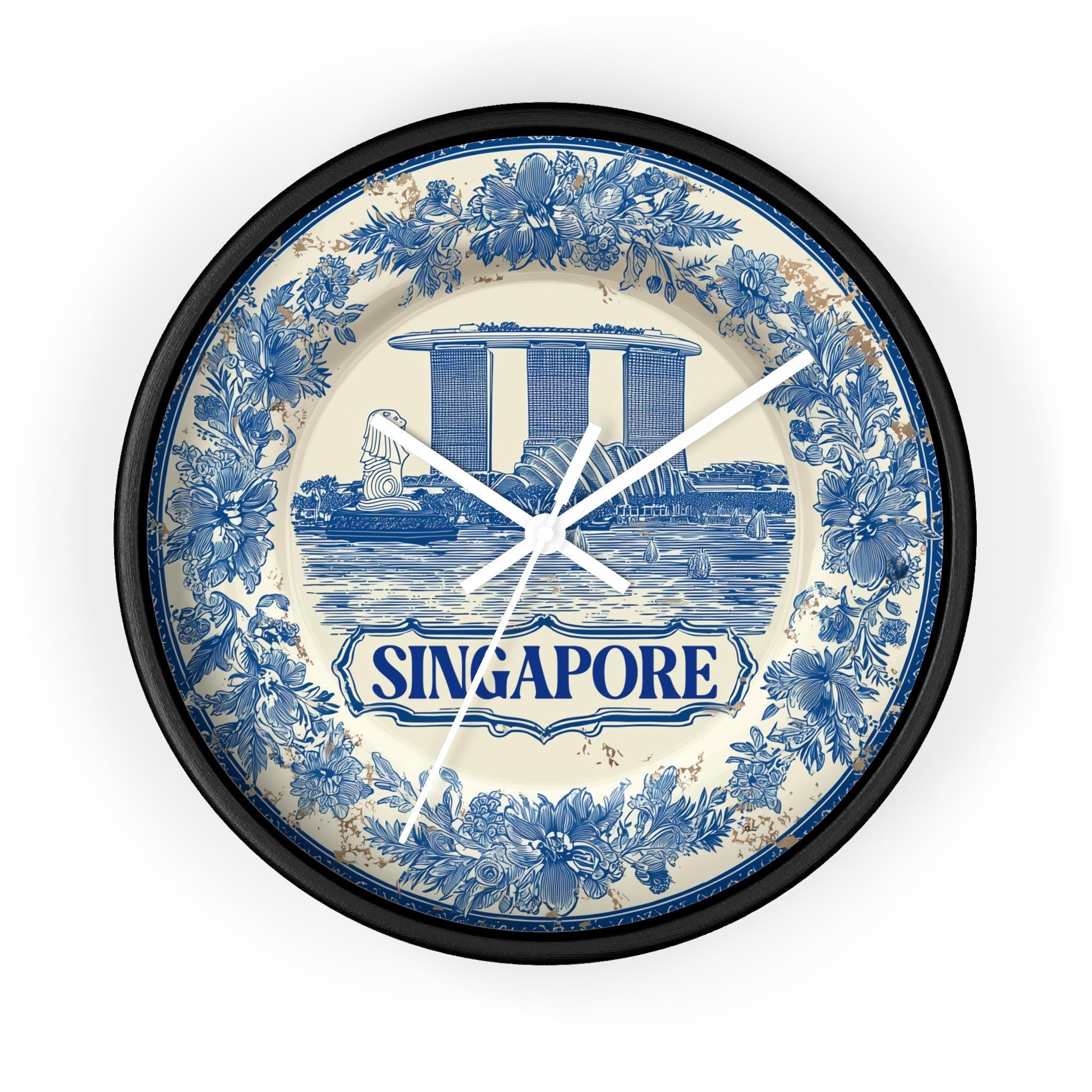 Singapore Wall Clock, Delf style Home Decor, Vintage City Travel Keepsake Art
