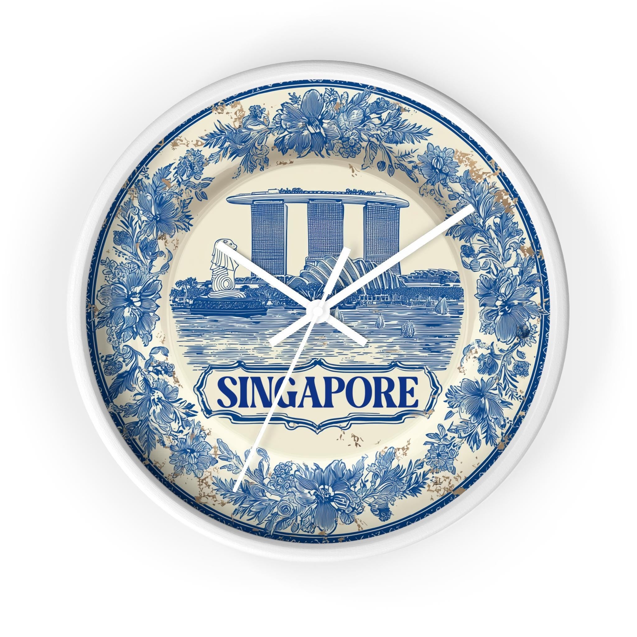 Singapore Wall Clock, Delf style Home Decor, Vintage City Travel Keepsake Art