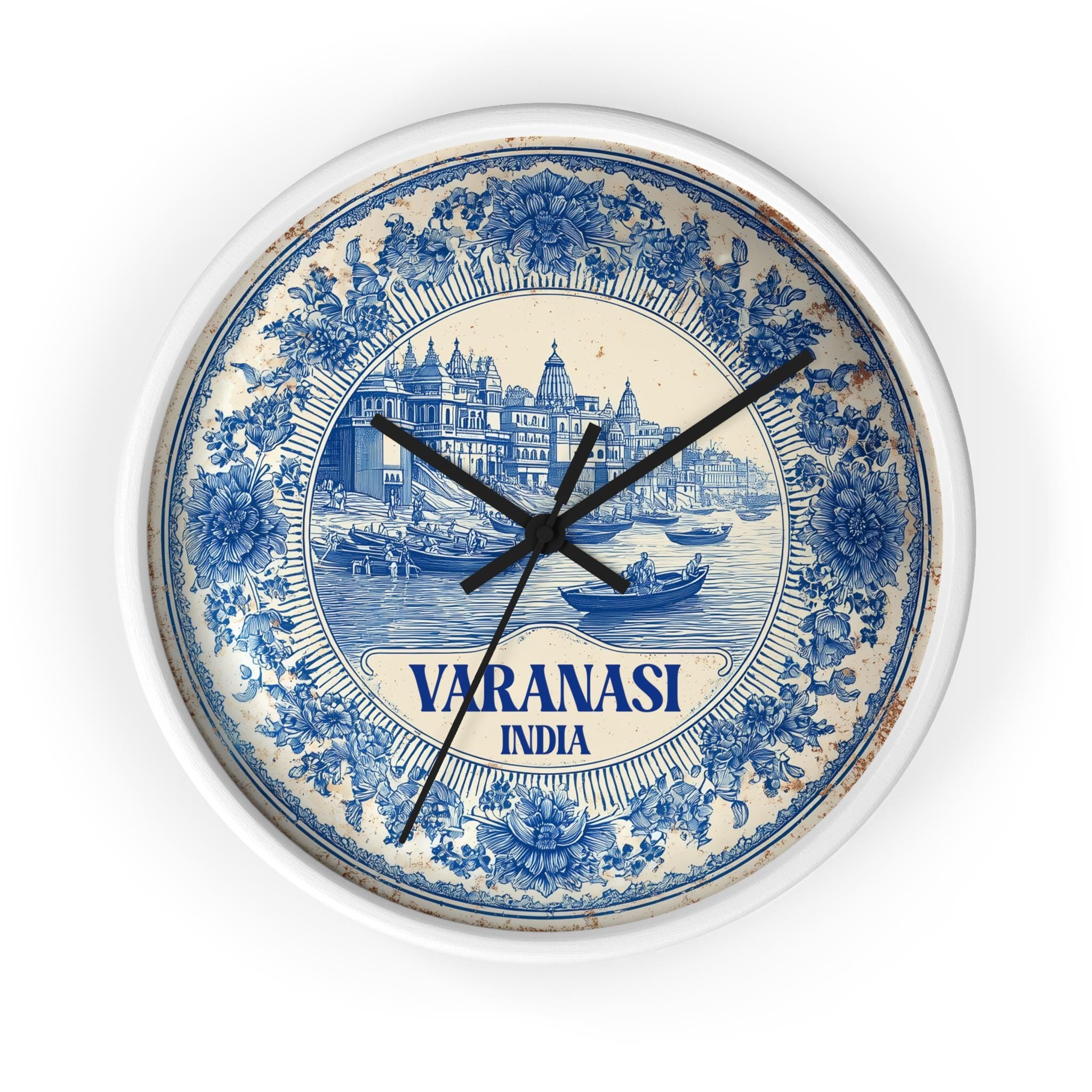 Varanasi India Wall Clock, Delf style Home Decor, Vintage City Travel Keepsake Art