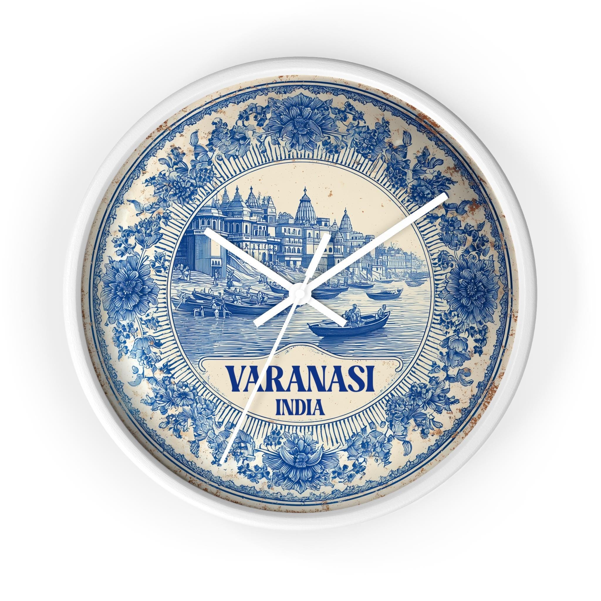 Varanasi India Wall Clock, Delf style Home Decor, Vintage City Travel Keepsake Art
