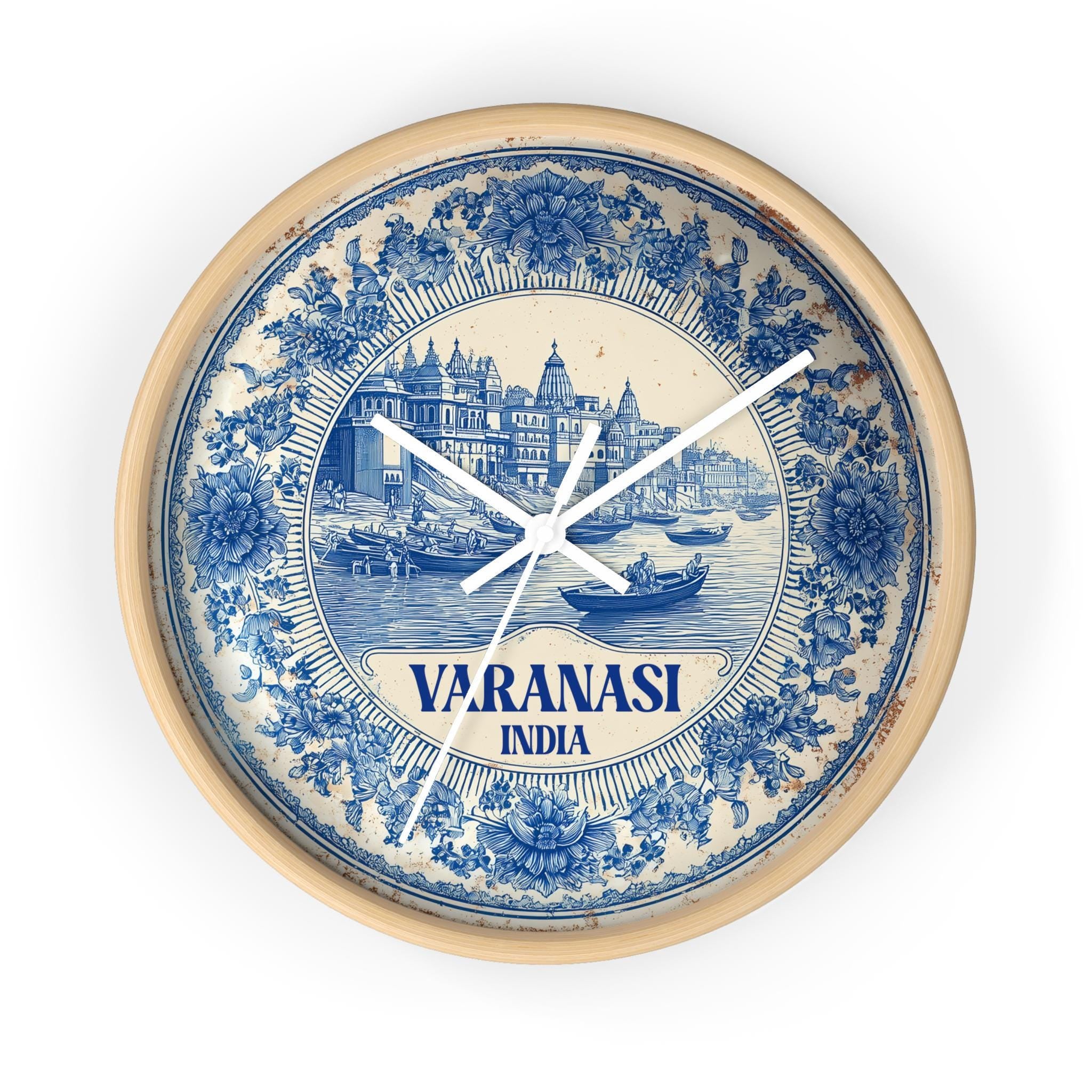 Varanasi India Wall Clock, Delf style Home Decor, Vintage City Travel Keepsake Art