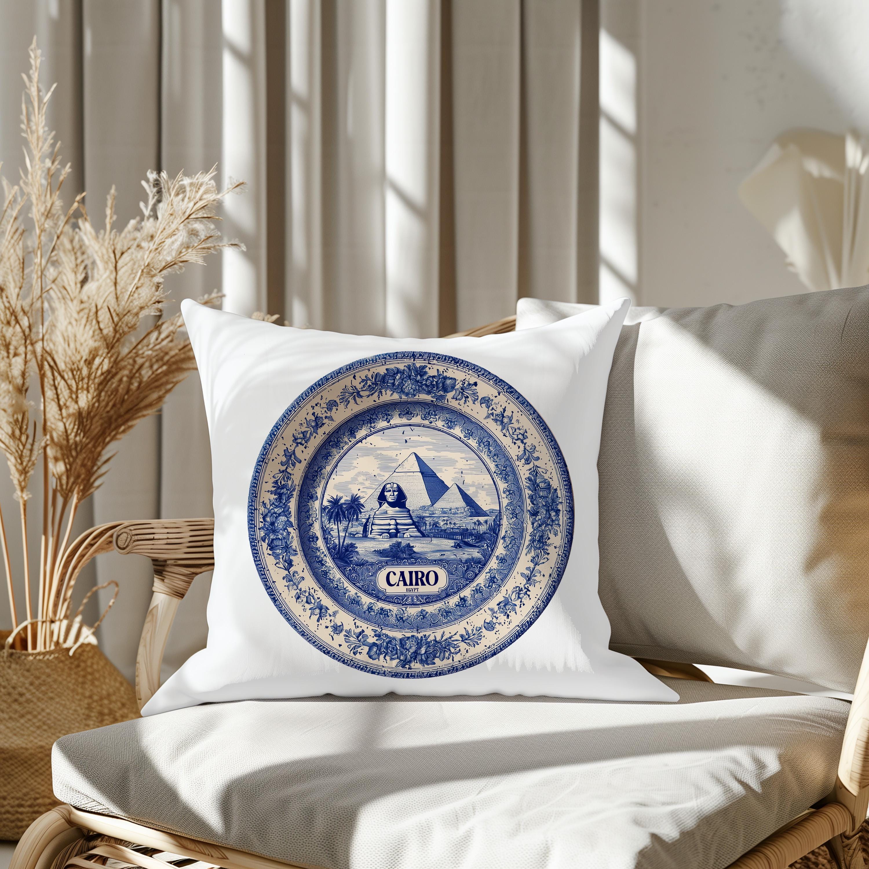 Cairo Egypt Pillowcase, Delft Style Decorative Throw Pillow, Vintage Cityscape Retro Home Decor