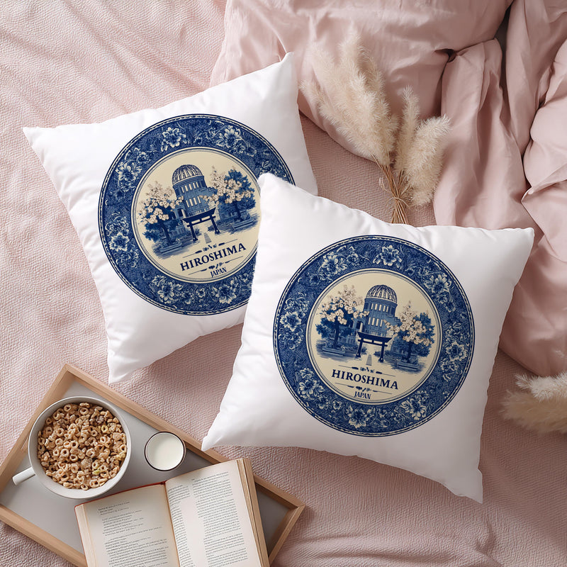 Hiroshima Japan Pillowcase, Delft Style Decorative Throw Pillow, Vintage Cityscape Retro Home Decor