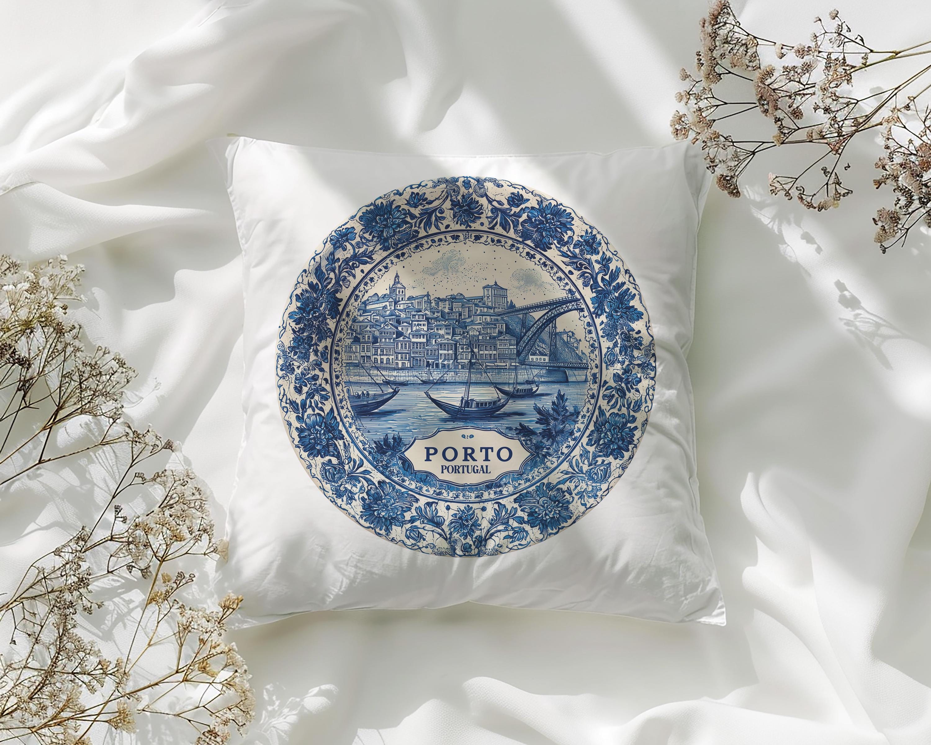 Porto Portugal Pillowcase, Delft Style Decorative Throw Pillow, Vintage Cityscape Retro Home Decor
