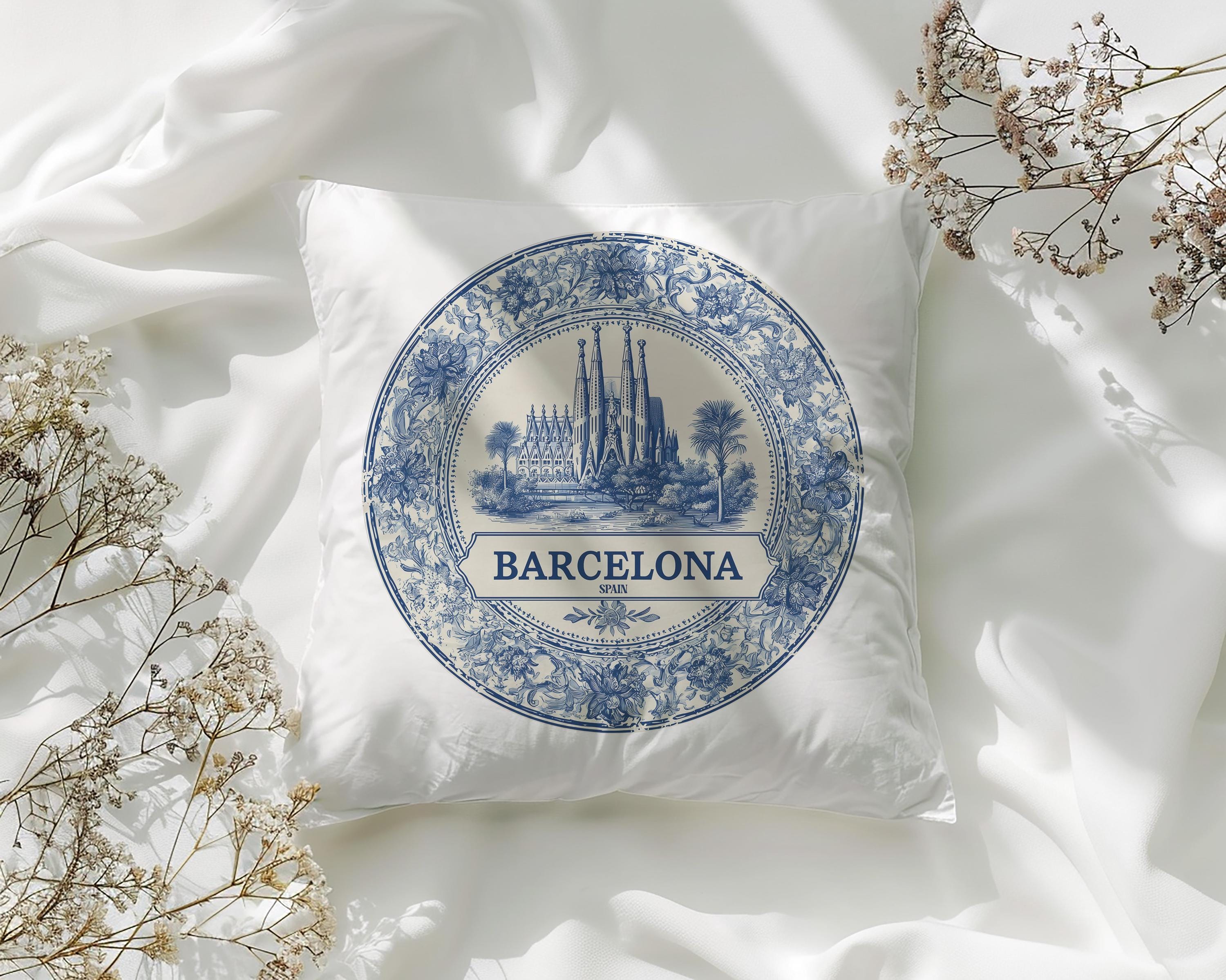 Barcelona Spain Pillowcase, Delft Style Decorative Throw Pillow, Vintage Cityscape Retro Home Decor