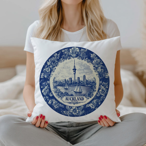 Auckland New Zealand Pillowcase, Delft Style Decorative Throw Pillow, Vintage Cityscape Retro Home Decor