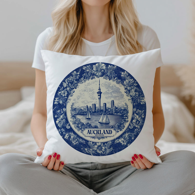 Auckland New Zealand Pillowcase, Delft Style Decorative Throw Pillow, Vintage Cityscape Retro Home Decor