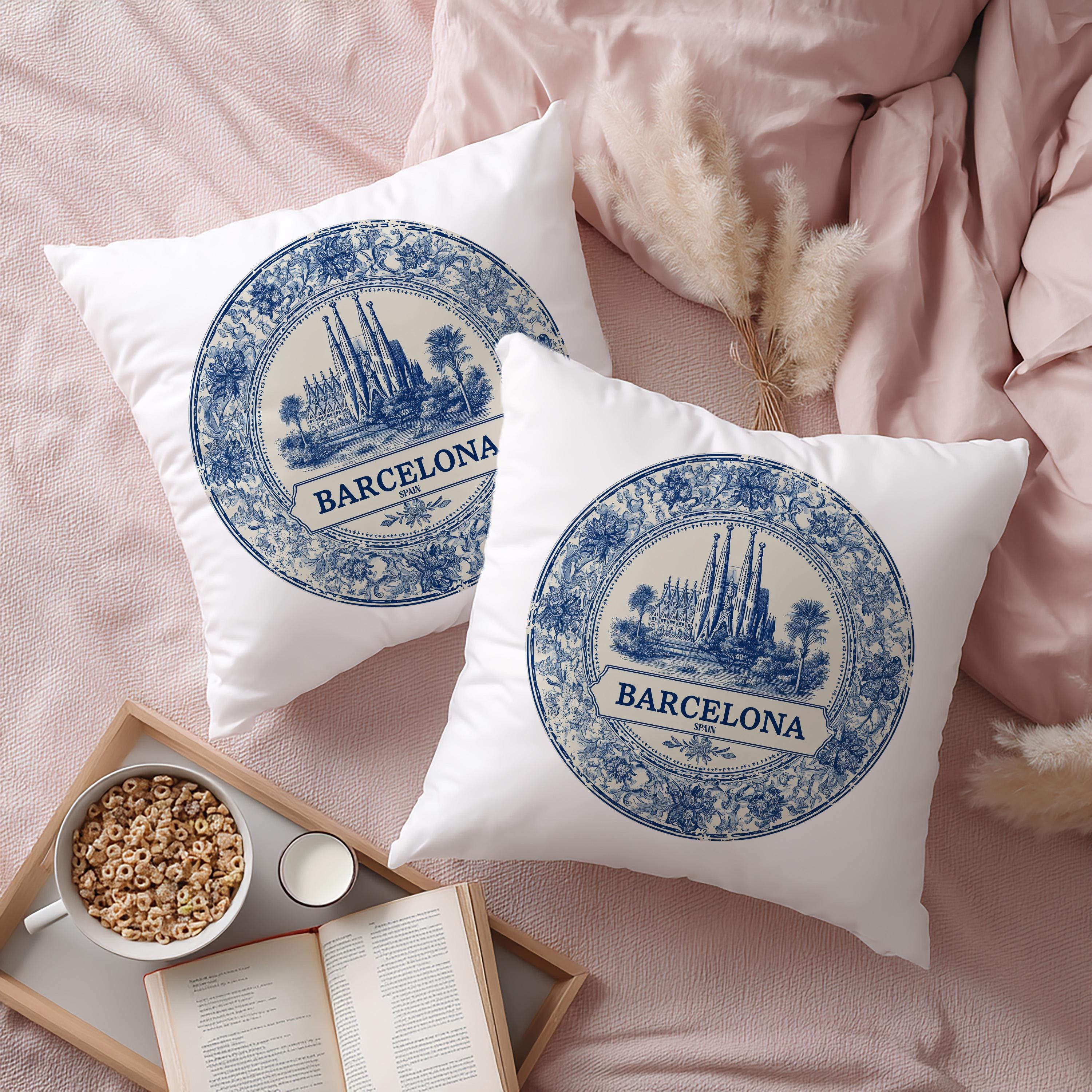 Barcelona Spain Pillowcase, Delft Style Decorative Throw Pillow, Vintage Cityscape Retro Home Decor