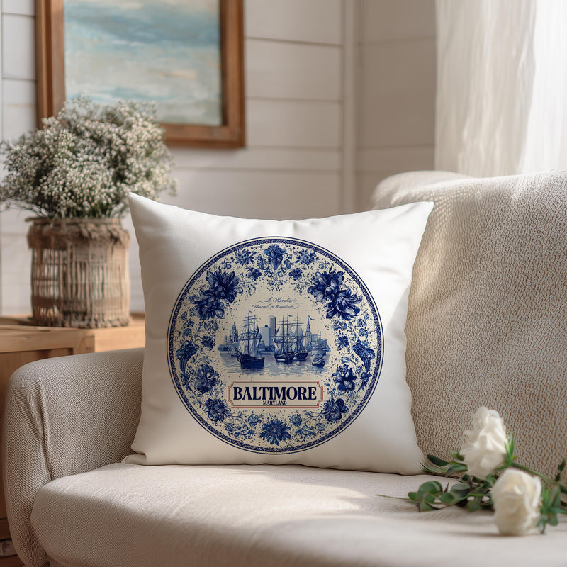 Baltimore Maryland Pillowcase, Delft Style Decorative Throw Pillow, Vintage Cityscape Retro Home Decor