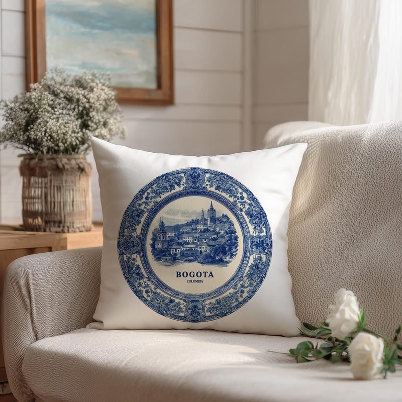 Bogota Colombia Pillowcase, Delft Style Decorative Throw Pillow, Vintage Cityscape Retro Home Decor