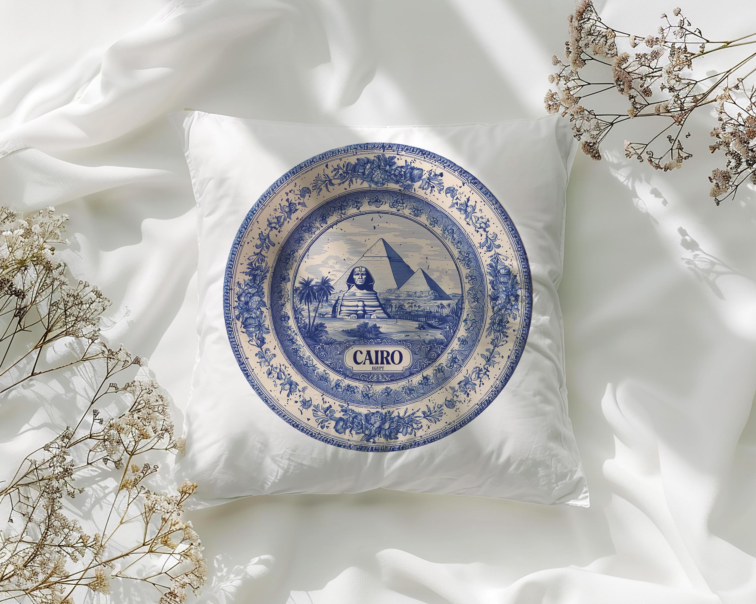 Cairo Egypt Pillowcase, Delft Style Decorative Throw Pillow, Vintage Cityscape Retro Home Decor